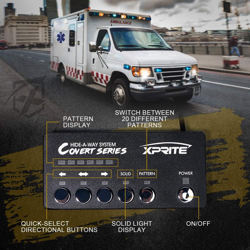 Xprite White LED Hideaway Emergency Strobe Lights Kit, 20 Flashing Modes w/Controller Headlights Taillights Fog Light Mounting, Hazard Warning Caution Light for 12V Vehicles Pickup Trucks Vans 6PCS