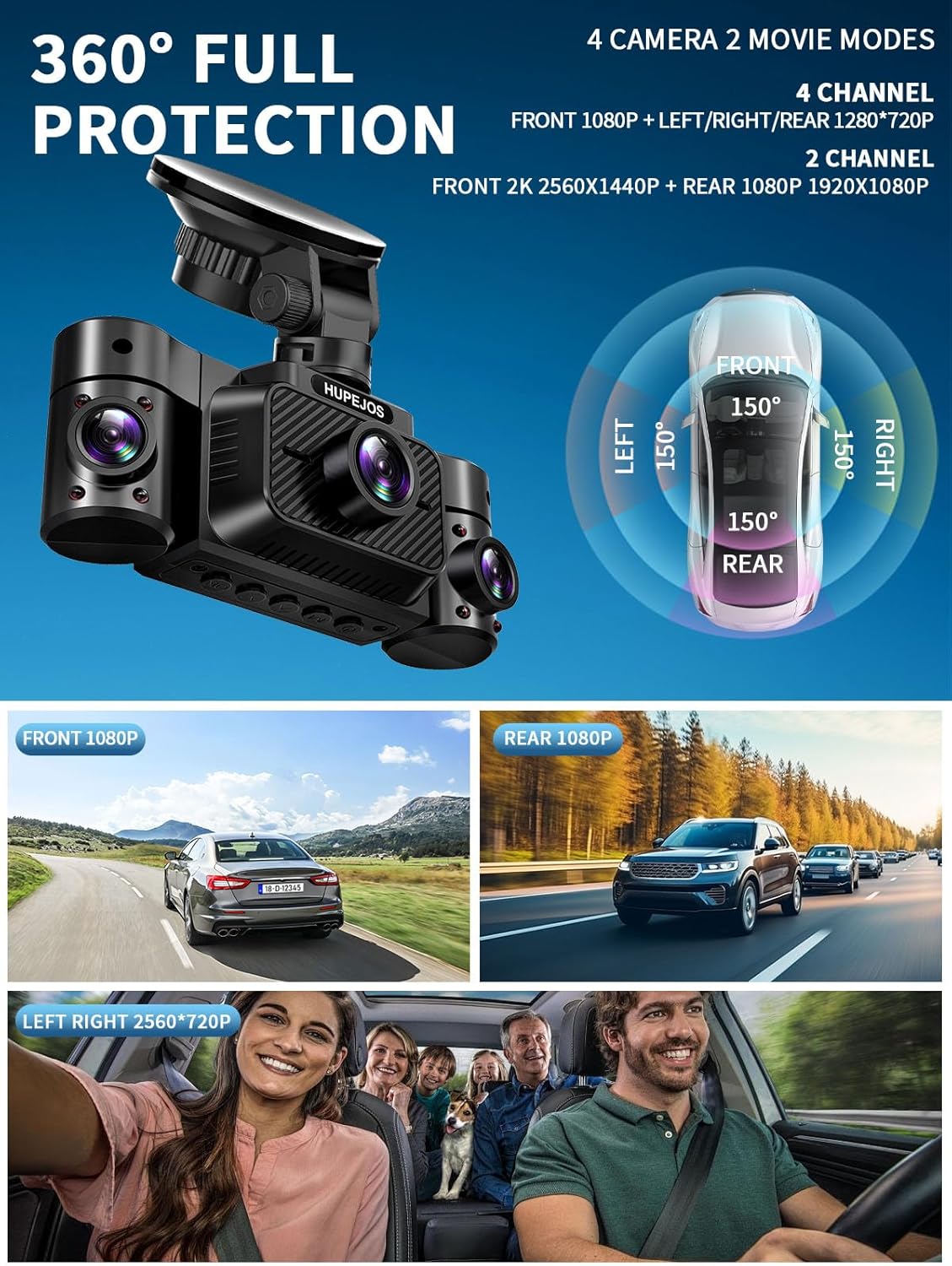 Dash Cam Front and Rear, 360 Dgree View 4 Channel Dash Camera for Cars 2K FHD, Mini Dashcam Built-in WiFi, Car Camera with 64GB Card, Voice Control, Night Vision,WDR,24/7 Parking Mode, V30-4CH