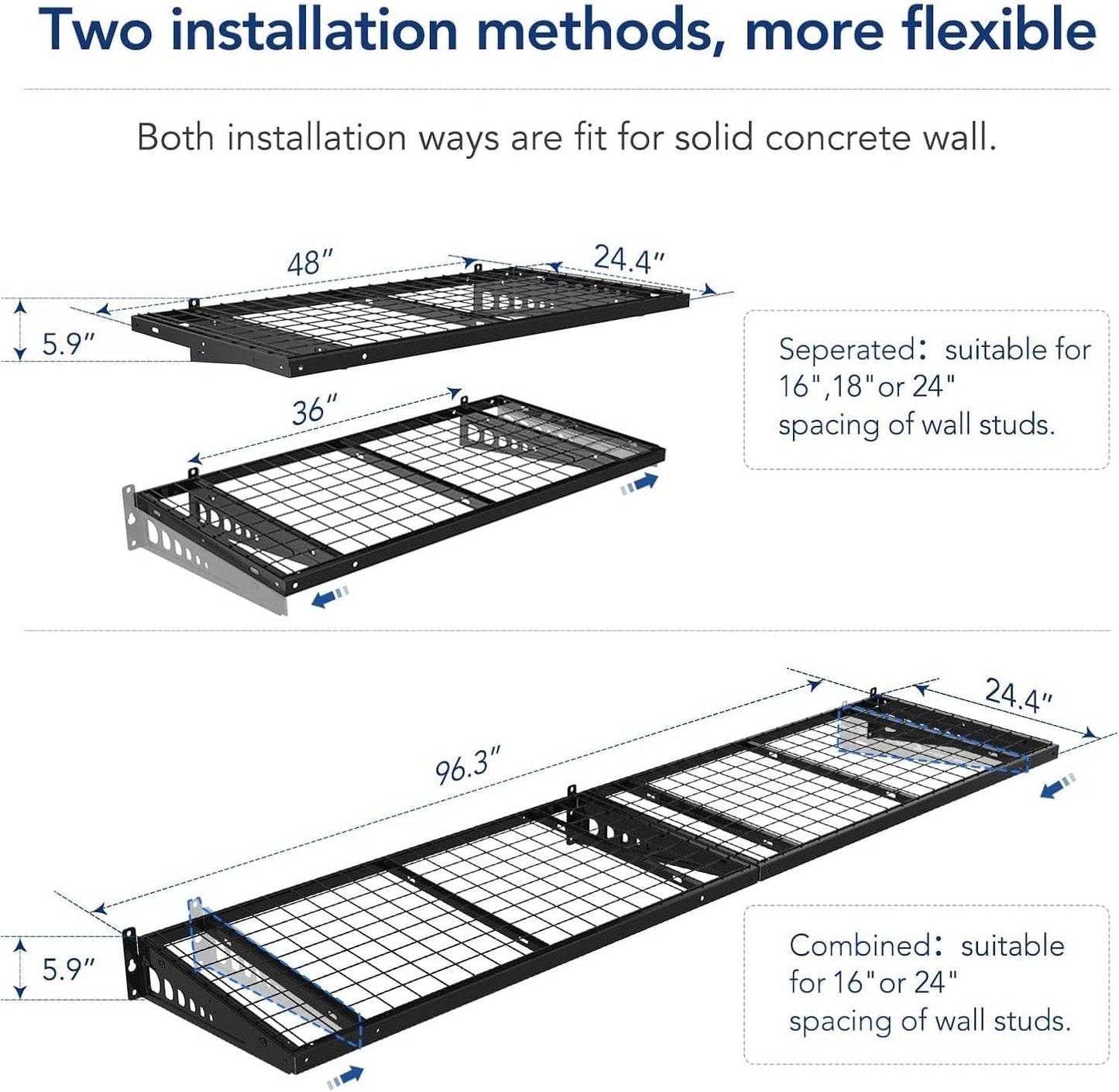 FLEXIMOUNTS 2 Pack 2x4ft Garage Storage 24x48 inch Bike Wall Shelving Rack, 440lbs Total Weight Capacity, Black