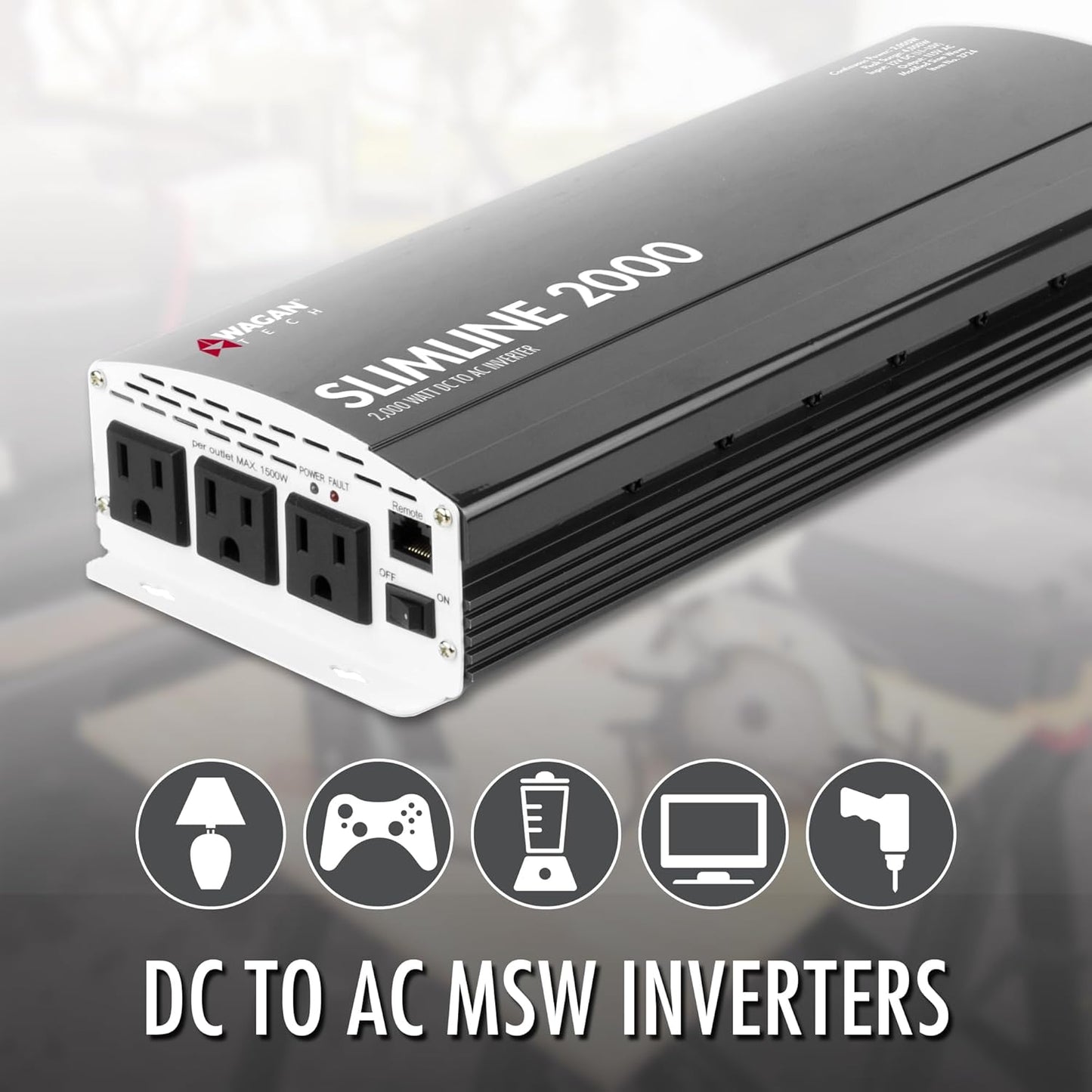 Wagan EL3724 2000W Slim Line AC to DC Power Inverter 2000W TrueRated Continuous 4500W Surge Power DC 12V to AC 110V Power Inverter with 3 AC Outlets and 2A USB Charging Port