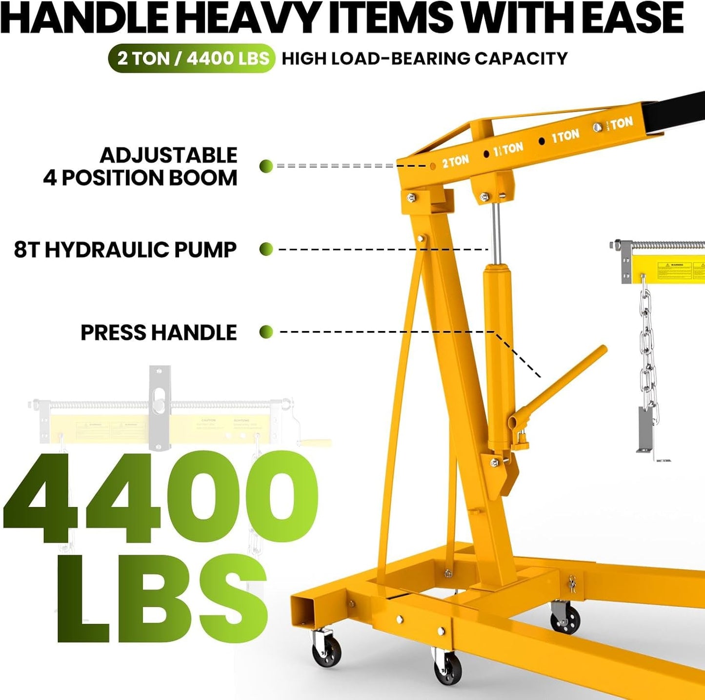 2-Ton Engine Hoist Cherry Picker with Engine Leveler, 4400 Lbs Folding Hydraulic Workshop Crane Lift with 6 Swivel Wheels and Telescopic Boom, Heavy-Duty Crane for Garage, Automotive Repair (Yellow)