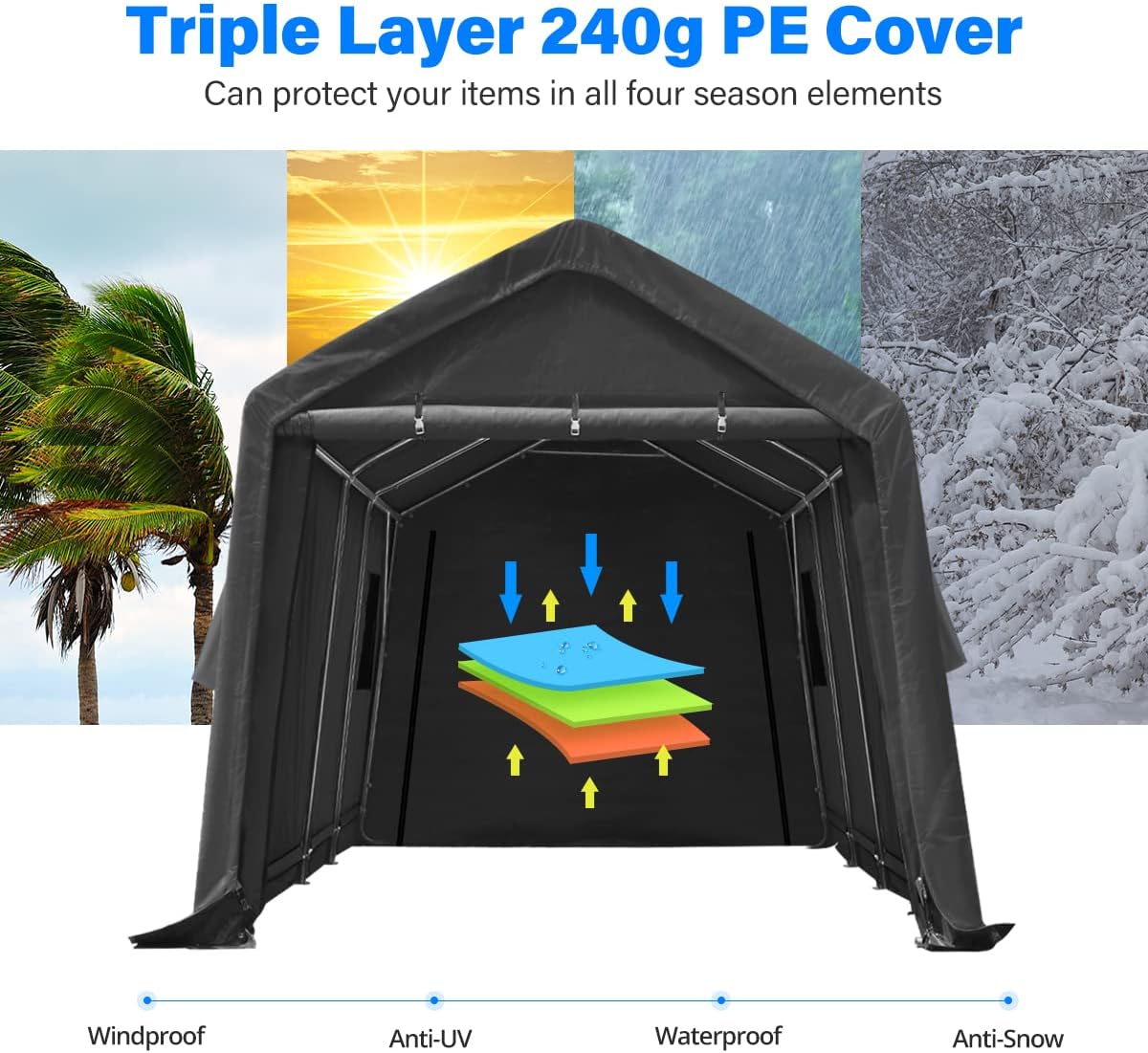 ADVANCE OUTDOOR Heavy Duty 10x20 ft Carport Outdoor Patio Portable Canopy Storage Shelter Shed with 2 Roll up Zipper Doors & Vents for Snowmobile Garden Tools, Gray