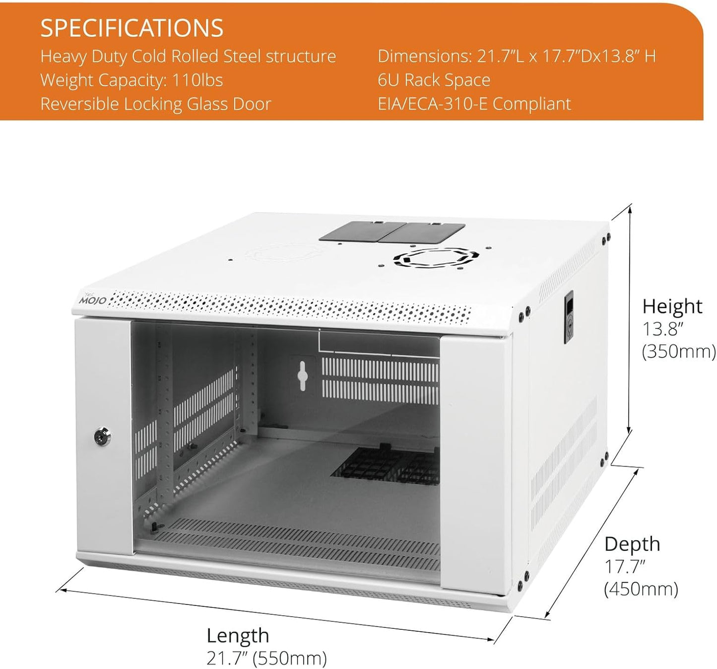 Tecmojo 6U Wall Mount Rack Network Cabinet for 19" IT Equipment,with Lockable Glass Door and Side Panels,Cooling Fan,17.7inch Depth,White
