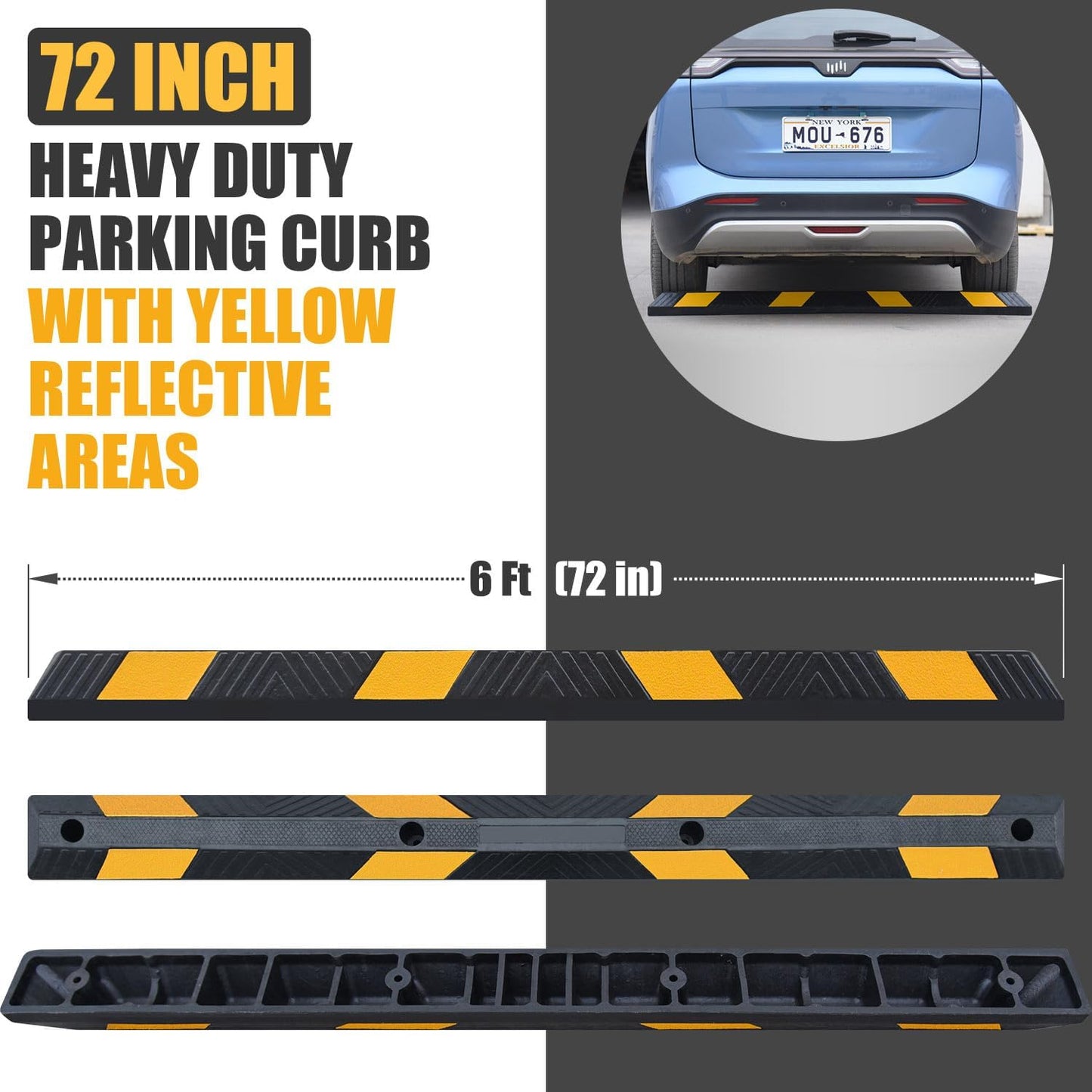 72" in 6' Ft Heavy-duty Rubber Parking Curb, Installation Kits Included, Parking Garage Floor Stopper, Wheel Stopper for Vehicles Truck Driveway Protect Cars Vans Trucks Pumpers (72" - 2Pack)