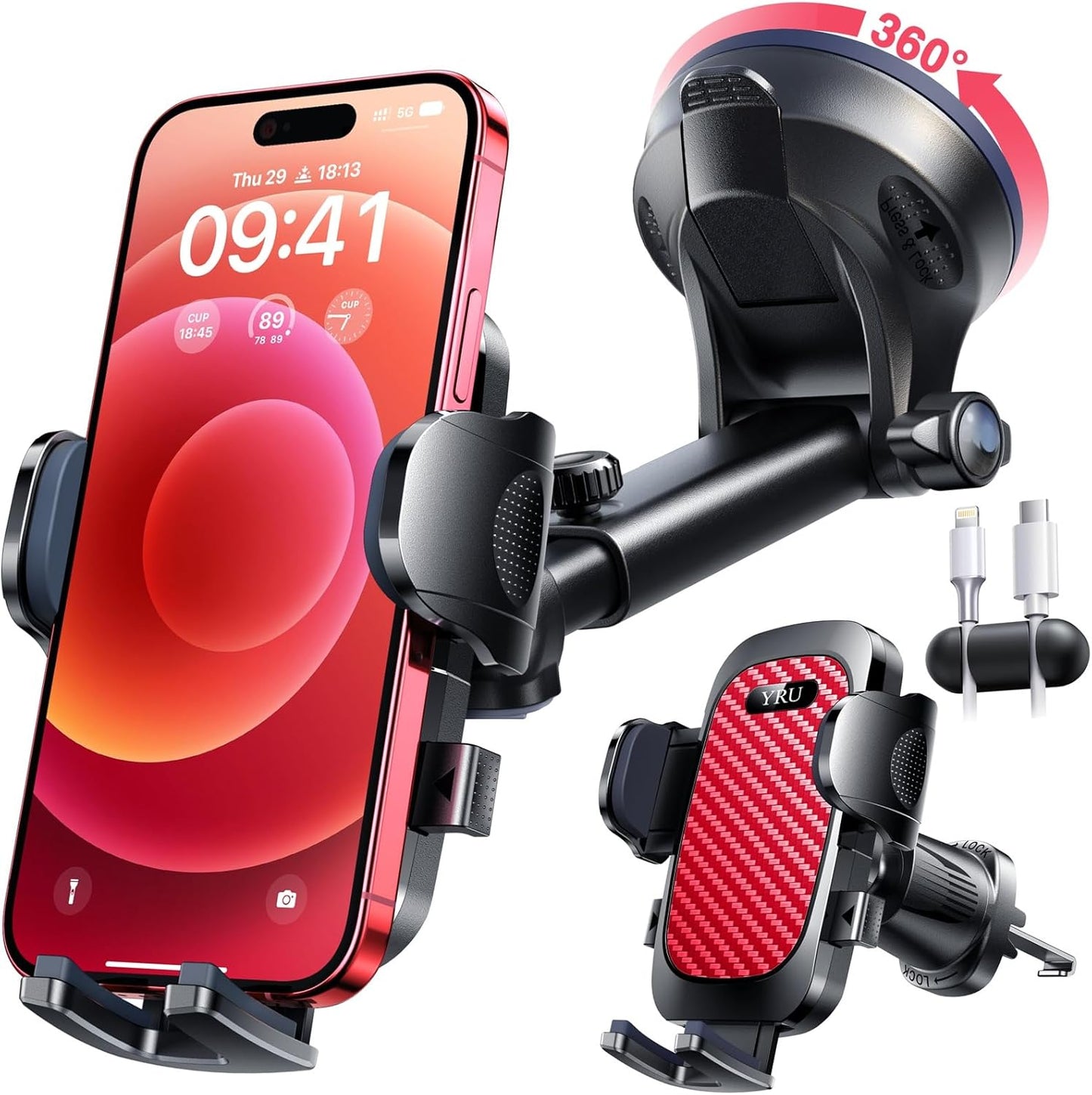 YRU [True Military-Grade & 360 Degrees Rotatable Suction 2025 Ultimate Car Phone Holder Mount 【90+LBS Safest Strongest & Patent Certs】 Dashboard Windshield Vent for iPhone 16 15 Pro Max Samsung, Red