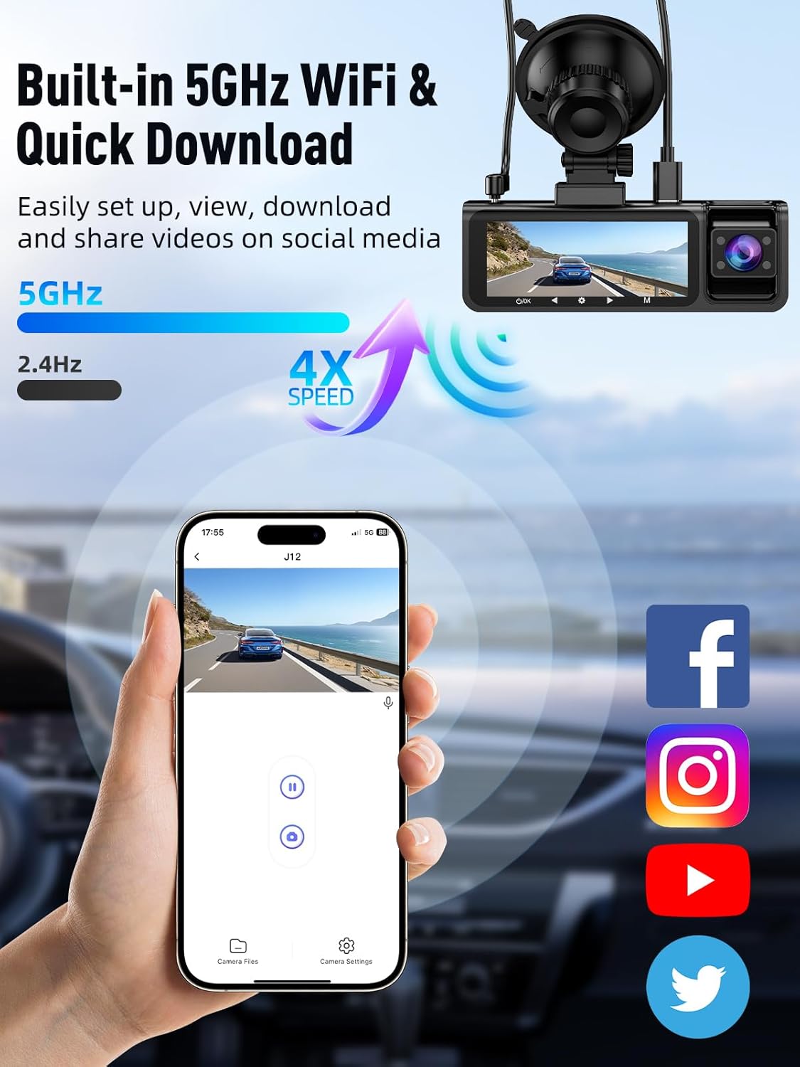 3 Channel 5G WiFi Dash Cam, 4K+1080P+1080P Dash Cam Front and Rear Inside with 64GB Card, 3.16” IPS Screen, G-Sensor, Loop Recording, Parking Monitor, 170° Wide Angle, IR Night Vision, WDR, Black