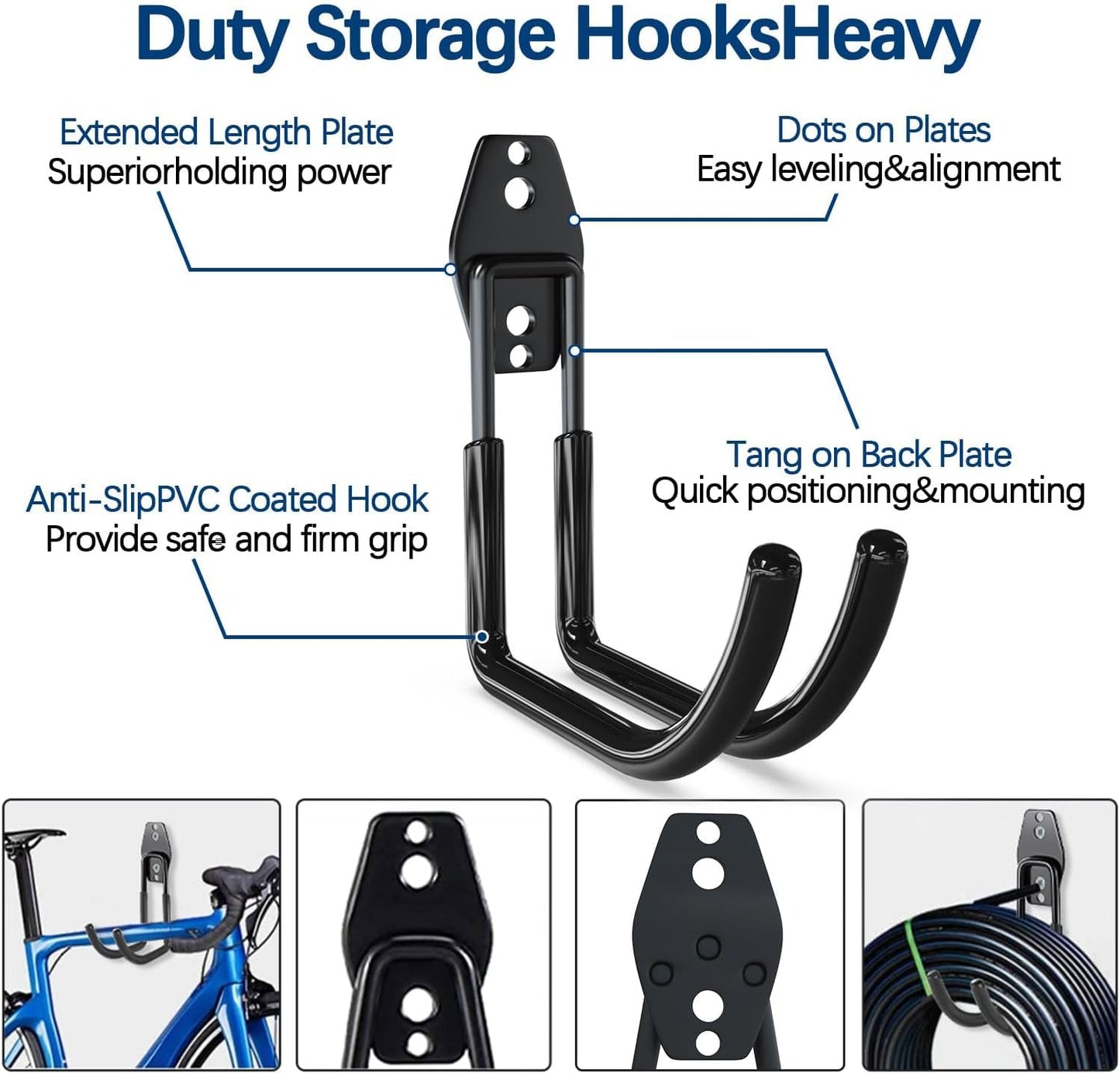 3-H Garage Wall Hooks 60 Pack, Heavy Duty Garage Hooks with Extra Welding Spots, Wall Mount Storage Organizer for Hanging Garden Lawn Tools, Ladder, Bike, WeedEater, Chair, Shovel, Blower (Black)