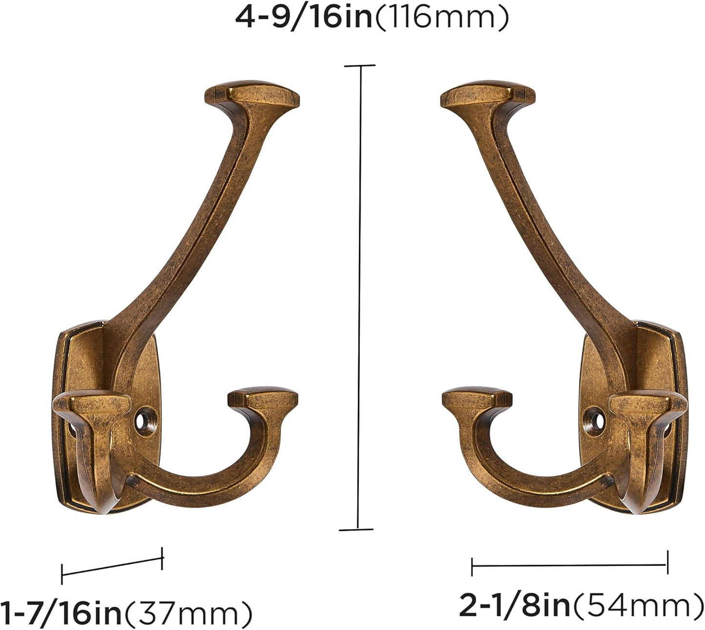 Large Wall Double-Sided Hook 2 Pack Antique Brass Hook Decorative Heavy Duty Solid Large Coat Hooks for Towel Hanging Coats Robe Towel Bags Door Back 2 Prong Hooks