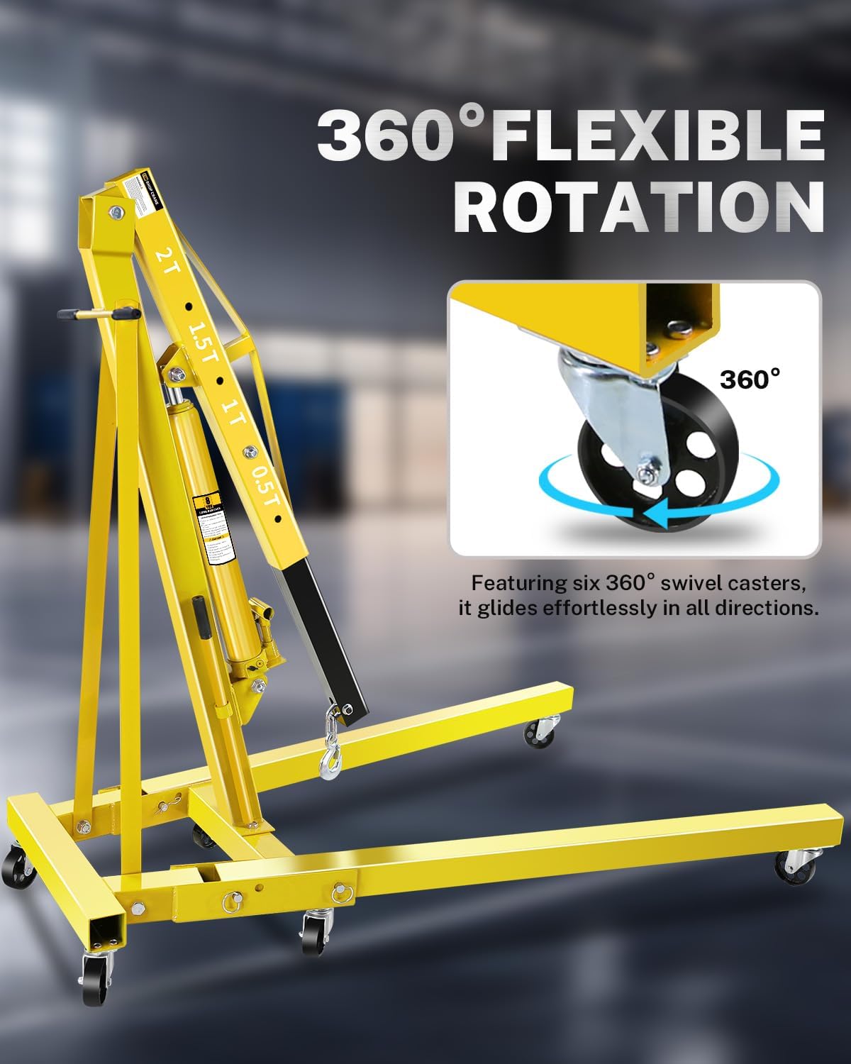 2-Ton Folding Engine Hoist, Hydraulic Shop Crane with 6 Swivel Wheels & Adjustable Boom (0.5T-2T), Heavy-Duty Cherry Picker for Garage, Workshop, Truck, Farm (Net Wt. 157 lbs)