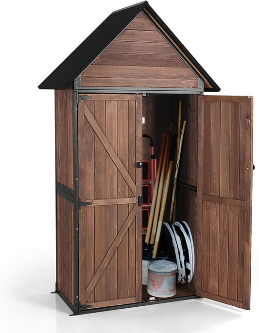 GUTINNEEN Sheds Outdoor Storage Wooden Garden Tool Shed with Metal Frame Sloped Roof and Adjustable 3 Tiers Shelves Outdoor Storage Cabinet for Backyard Garden Patio Lawn 67.1"(Dark Brown)