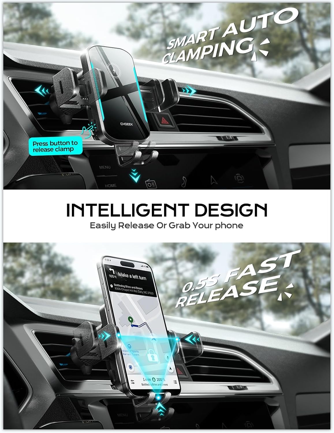 CHGeek 15W Wireless Car Charger – Auto-Clamping Qi Fast Charging Vent Mount with LED Light; Compatible with iPhone 13-16 & Samsung S22-S24 (Light Black)