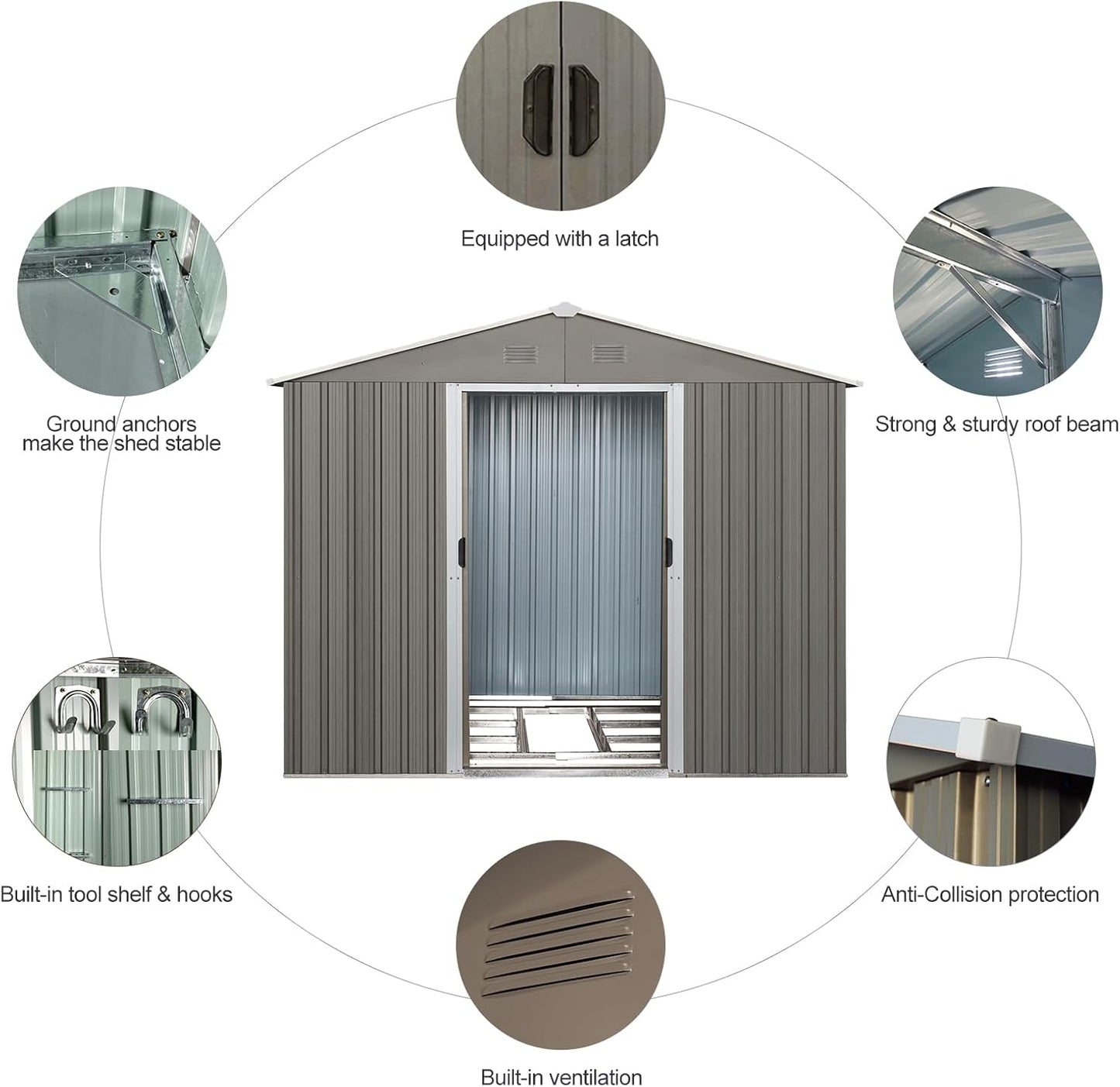 8x10 FT Outdoor Storage Shed, Metal Garden Shed with Frame Floor, Outside Tool Shed with Lockable Sliding Doors, Waterproof Storage Building with Sloped Roof for Backyard, Patio, Lawn, Gray