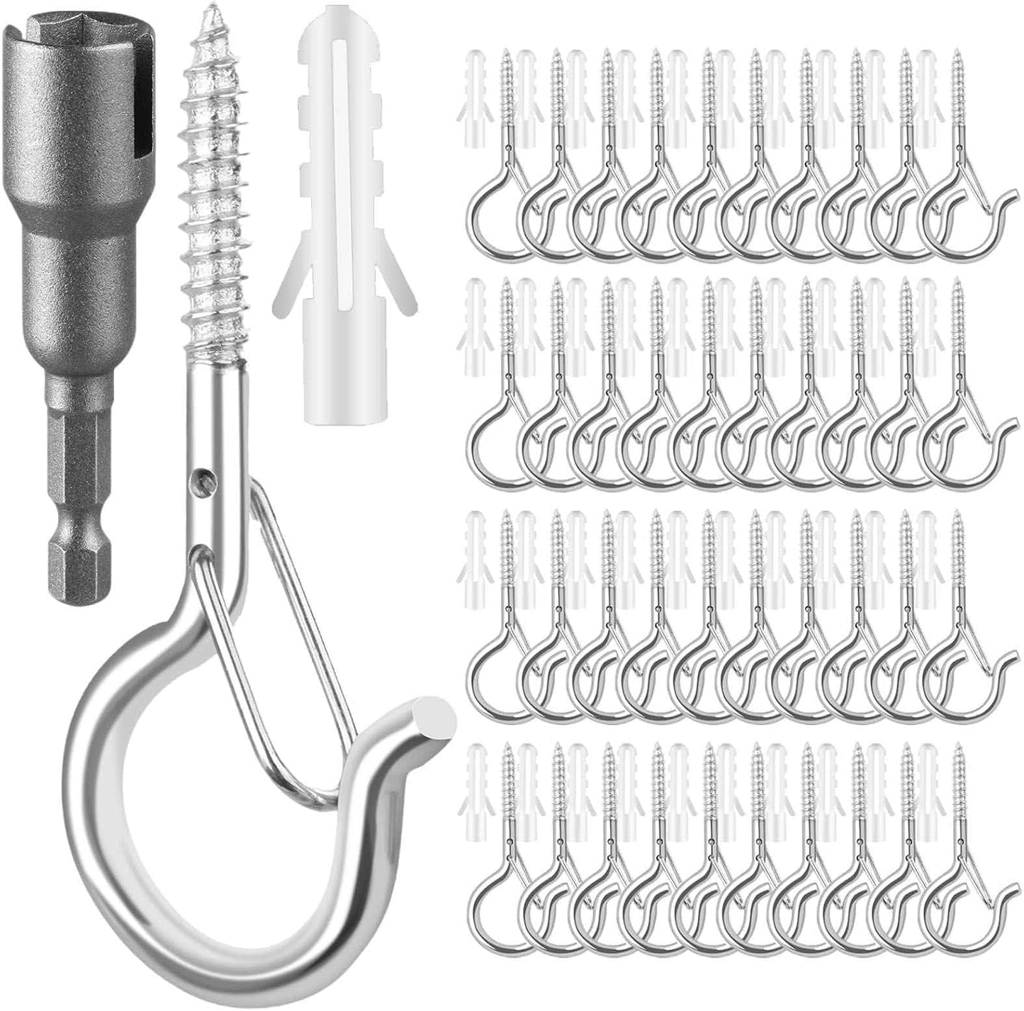 96 PCS Q-Hanger Hooks, Screw Hooks for Outdoor String Lights, Safety Buckle Design Cup Eye Hook for Hanging Christmas Lights, Plants, Mounted on Wall Ceiling, Include 1 Wing Nut Driver, Silver