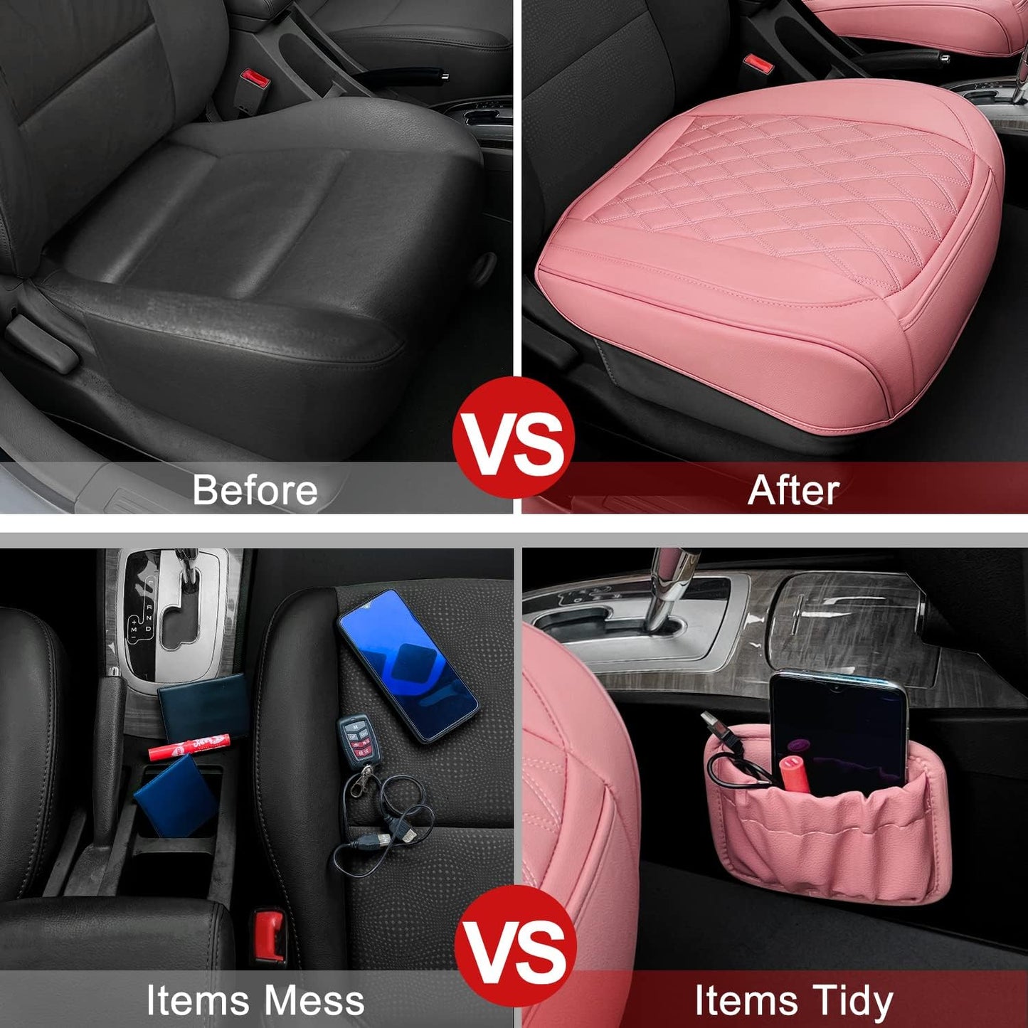 2 Pack Leather Front Car Seat Cover Bottom Car Seat, Anti-Slip and Full Wrap Driver Car Seat Protectors with Storage Pocket, Luxury Waterproof Bottom Auto Seat Cushion Pad Mat for Most Vehicles(Pink)