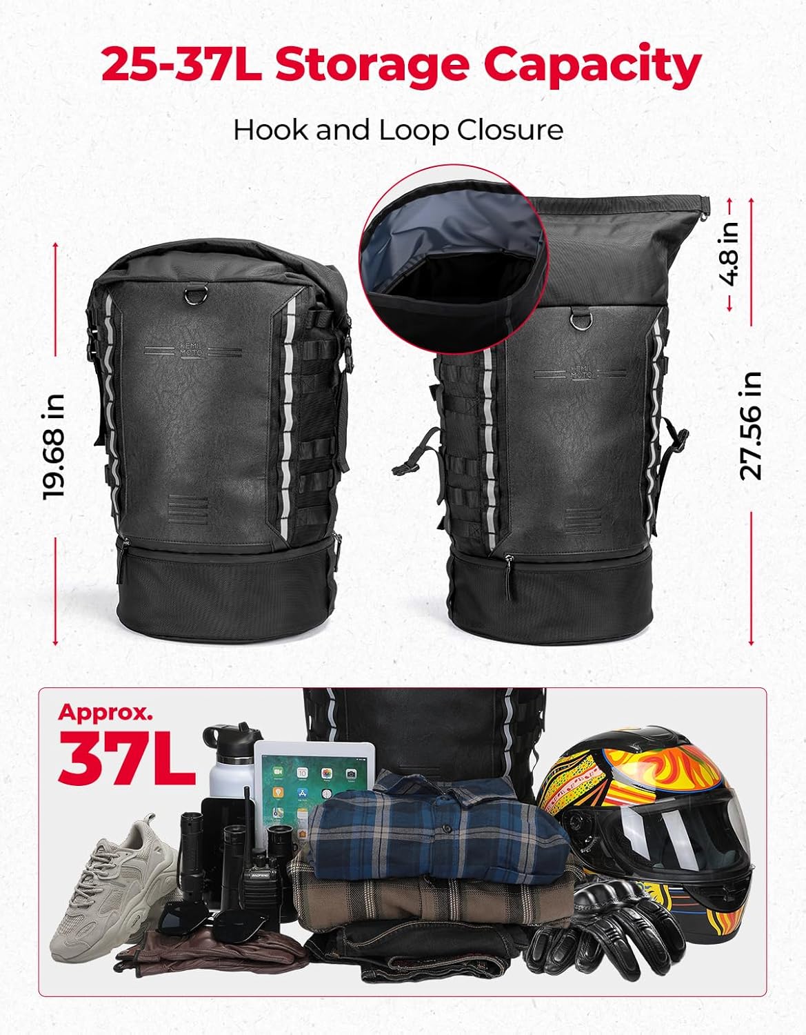 KEMIMOTO Motorcycle Sissy Bar Backrest Bag Upgraded Version, 37L Expandable Capacity PU Leather Motorcycle Tail Bag with Rain Cover, Luggage Backpack with Helmet Net & Shoulder Strap, Black