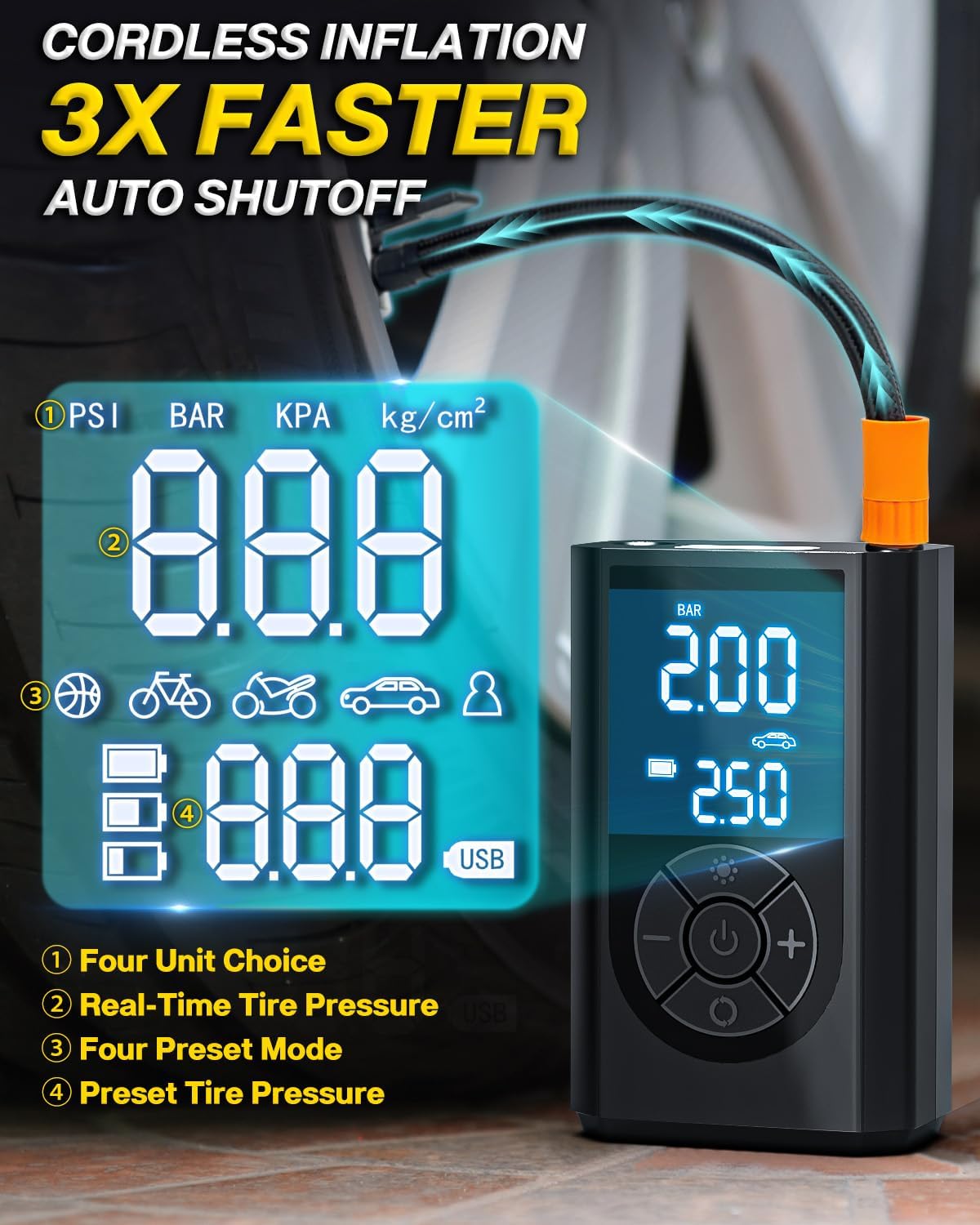 Tire Repair Kit with Portable Air Compressor, Tire Plug Kit 58PCS with Cordless Tire Inflator (150 PSI) for Car, Motorcycle, Tractor, Truck, Ball