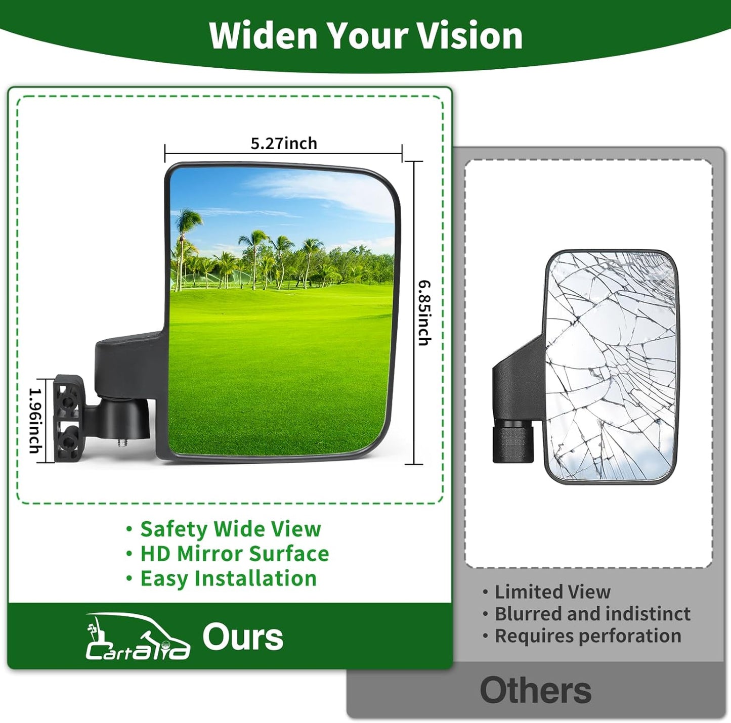 Golf Cart Side Mirrors No Drilling, Universal Folding Rear View Mirror for 0.75"-1.25" Square Rail, Fits EZGO Club Car Yamaha, 180 Degree Rotation Large HD Glass Rearview Shatterproof Surface