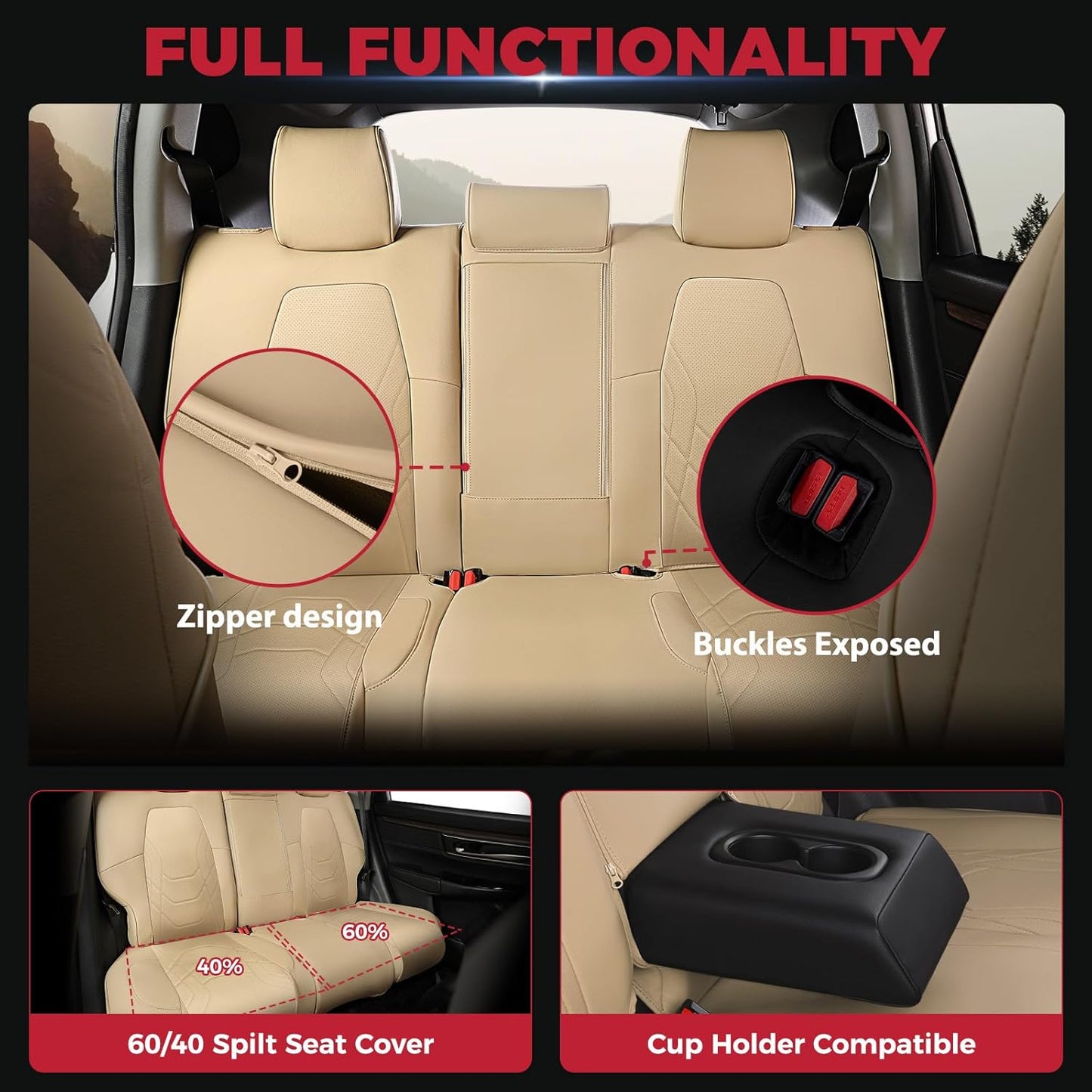 FREESOO CRV Seat Covers Full Set, for Honda CRV LX EX EX-L Sport Touring Hybrid 2017 2018 2019 2020 2021 2022, Custom Fit Seat Covers, Waterproof Leather Car Seat Covers, Beige