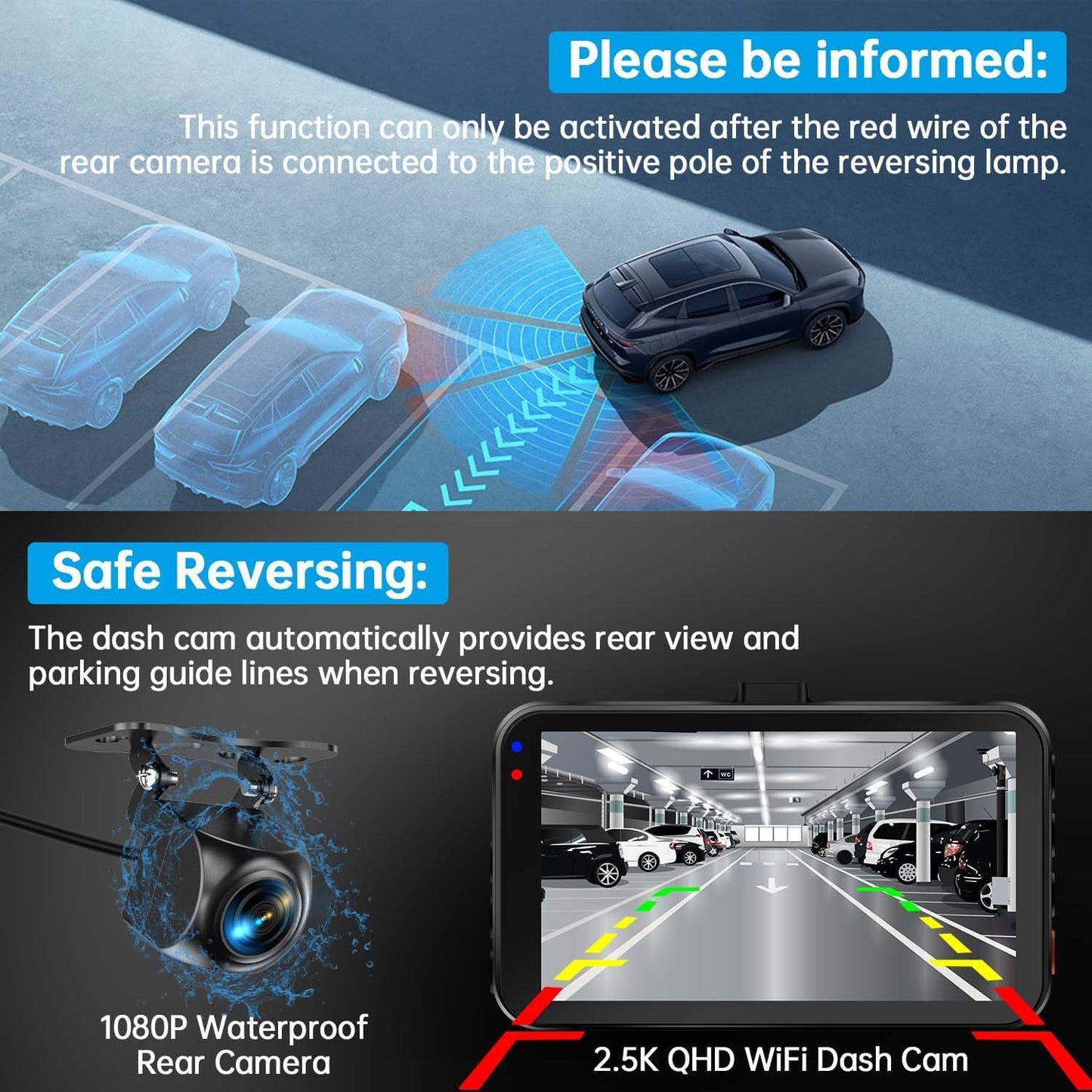 Dash Cam Front and Rear, Dash Camera for Cars WiFi/APP Control Dual Dashcam W/ 64GB Card, 2.5K Dash Cam Front+1080P Rear Car Camera W/Super Night Vision, Loop Recording, G-Sensor, Max Support 256GB