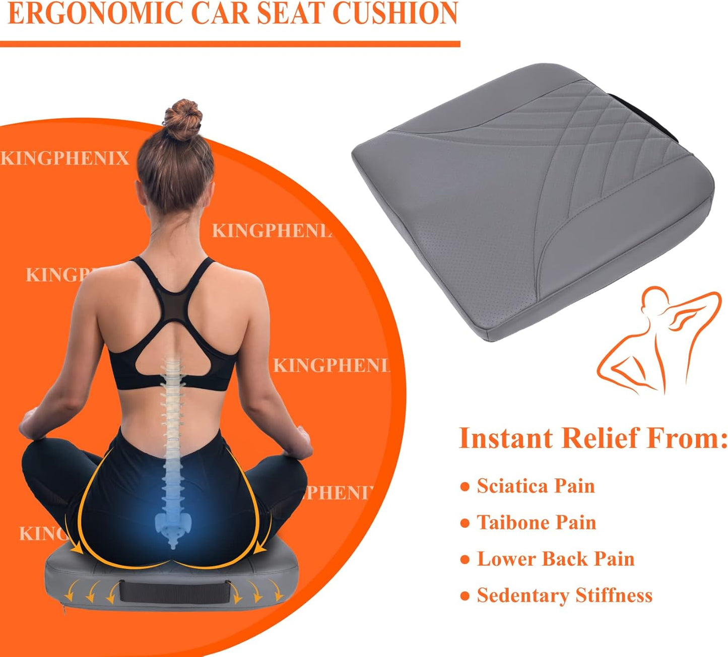 kingphenix Premium Car Seat Cushion, Memory Foam Driver Seat Cushion to Improve Driving View- Coccyx & Lower Back Pain Relief- Seat Cushion for Car, Truck, Office Chair (Gray)