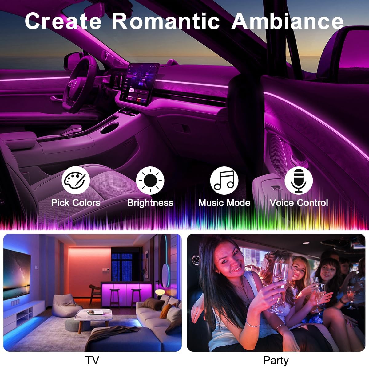 Car LED Strip Lights, LEDCARE 9 in 1 RGB Car Interior Lights with APP & Remote Control, 16 Million Colors Ambient Lighting Kit with 5 Fiber Optic LED Strips & 4 Under Dash Lights, Sync to Music