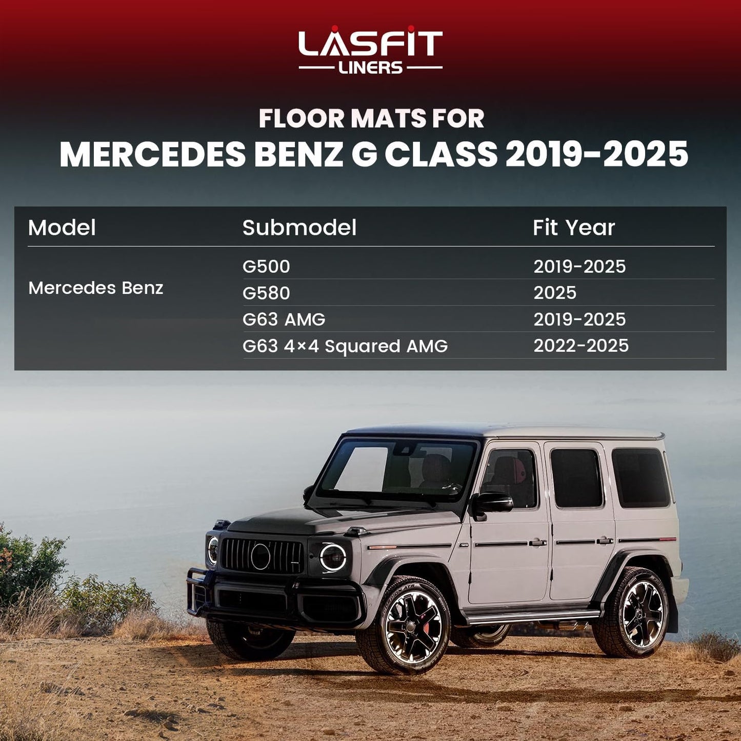 LASFIT Floor Mats for Mercedes Benz G Class 2026 2025 2024 2023 2022-2019 G550 / G580 / G63 AMG, All Weather TPE Custom Fit Car Mats for Benz G Class Floor Liners 2019-2026, 1st & 2nd Row Set, Black