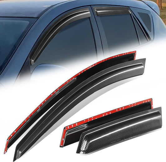 Auto Dynasty 4Pcs Carbon Fiber Pattern Window Visors Compatible with 2010 2011 2012 2013 Mazda 3 Hatchback, Tape-On Front & Rear Window Deflectors Rain Guards Sun Air Side Vent Shade, Glossy Black