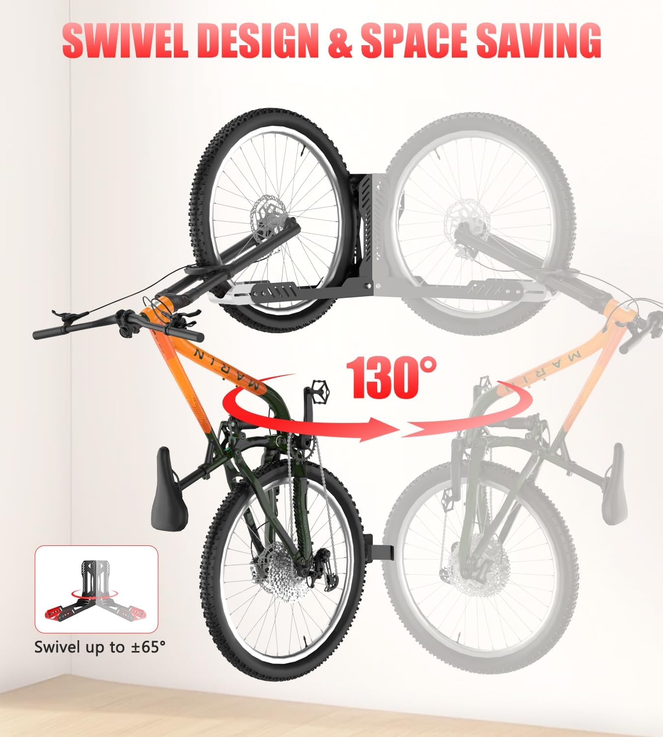 Swivel Bike Wall Mount, Space Saving Bike Rack Garage, No Heavy Lifting Required Bicycle Wall Mount, Vertical Wall Bike Hanger Can Holds up to 77 lbs, Black