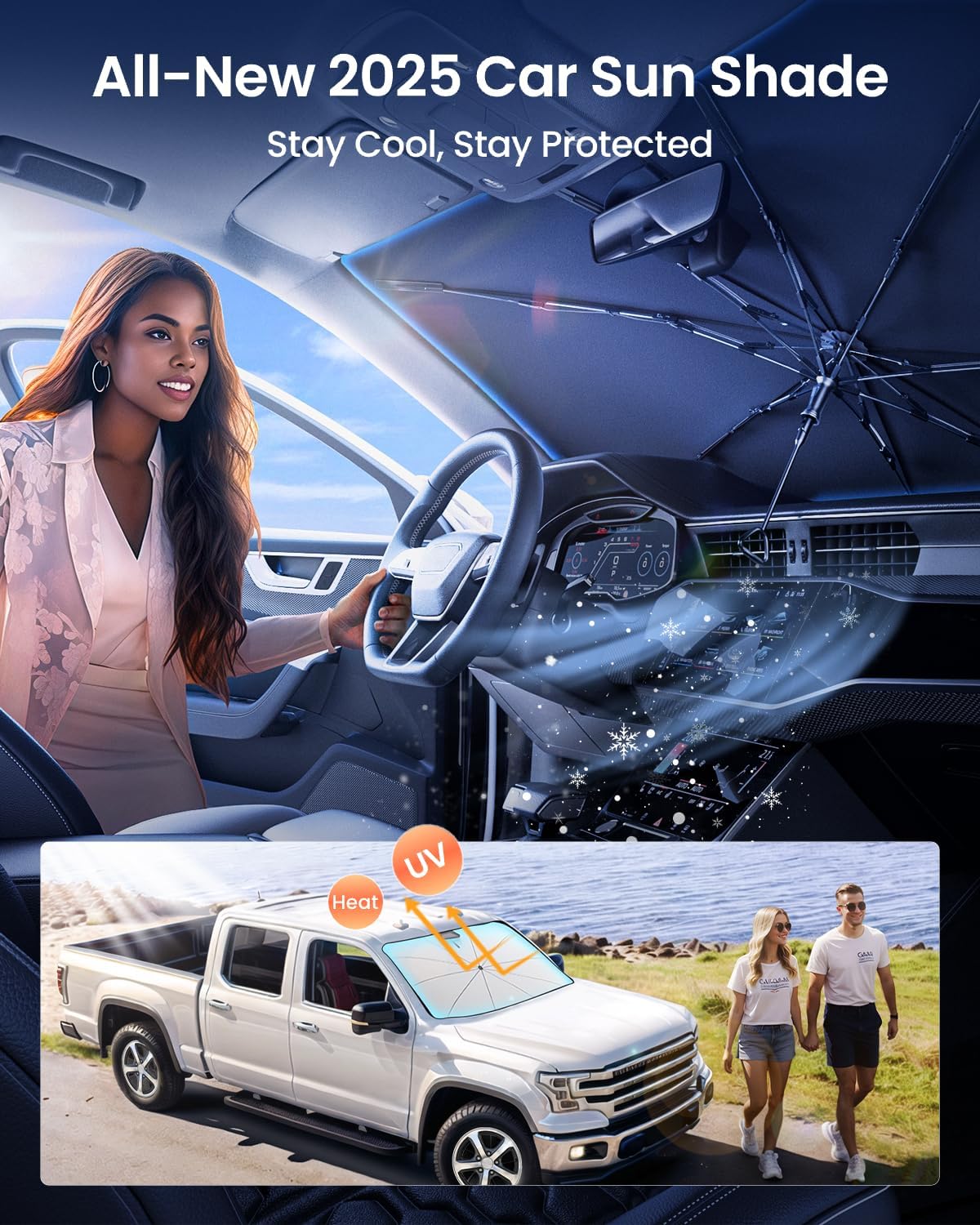 REEVAA 2025 Upgraded Car Windshield Sun Shade Umbrella [100% Sun Protection & Keep Cool] Protect Interior, 360° Flex Handle Sun Shield Sunshade, Medium (57''x32'') for Most SUV/Truck