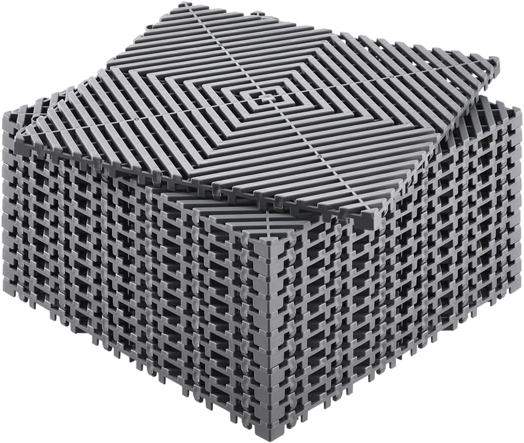 VEVOR Interlocking Drainage Mat, 12” x 12” Modular Interlocking Cushion, 12 Pcs Splicing Drainage Mats, Non-Slip Gray PP Drainage Floor Tile and Shower Mat, for Garage, Garden, Kitchen & Outdoor