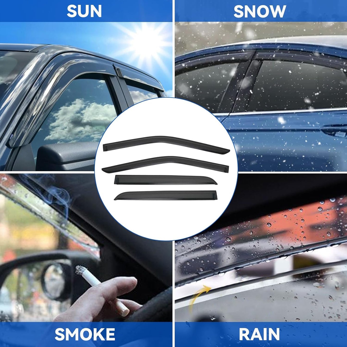 4pcs Front+Rear Smoke Tint Sun/Rain Guard Outside Mount Tape-On Vent Window Visors Compatible with 15-24 F150 17-24 F250/F350/F450/F550 Super Duty Crew (Supercrew) Cab with 4 Full Size Doors