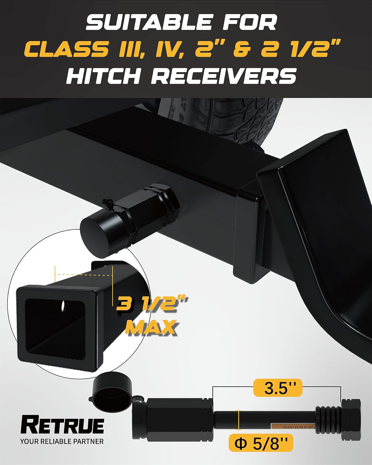 RETRUE Heavy-Duty Trailer Hitch Locks - 5/8" Pin for 2" and 2-1/2" Class III-IV Receivers, Includes 5 O-Rings and Weatherproof Caps, Ideal Trailer Accessories, 4 Pack