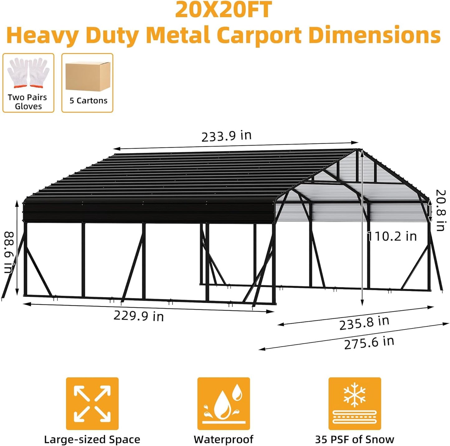 20' x 20' x 8.5' Heavy Duty Metal Carport with Galvanized Steel Roof, Steel Carport Kits Outdoor with Metal Roof, Galvanized Car Shelter for Tractors, Pickup, Boat, Car