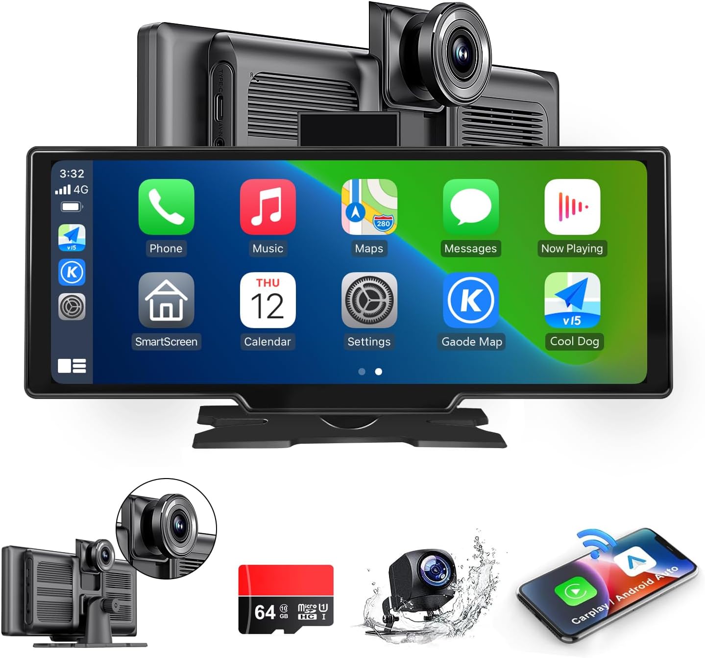 Portable Carplay Screen for Car, 9.28" HD Carplay and Android Auto Screen, Touch Screen with 4K Dash Cam,Audio Receivers GPS Navigation, Mirror Link, Car Play, AUX,Siri,AirPlay