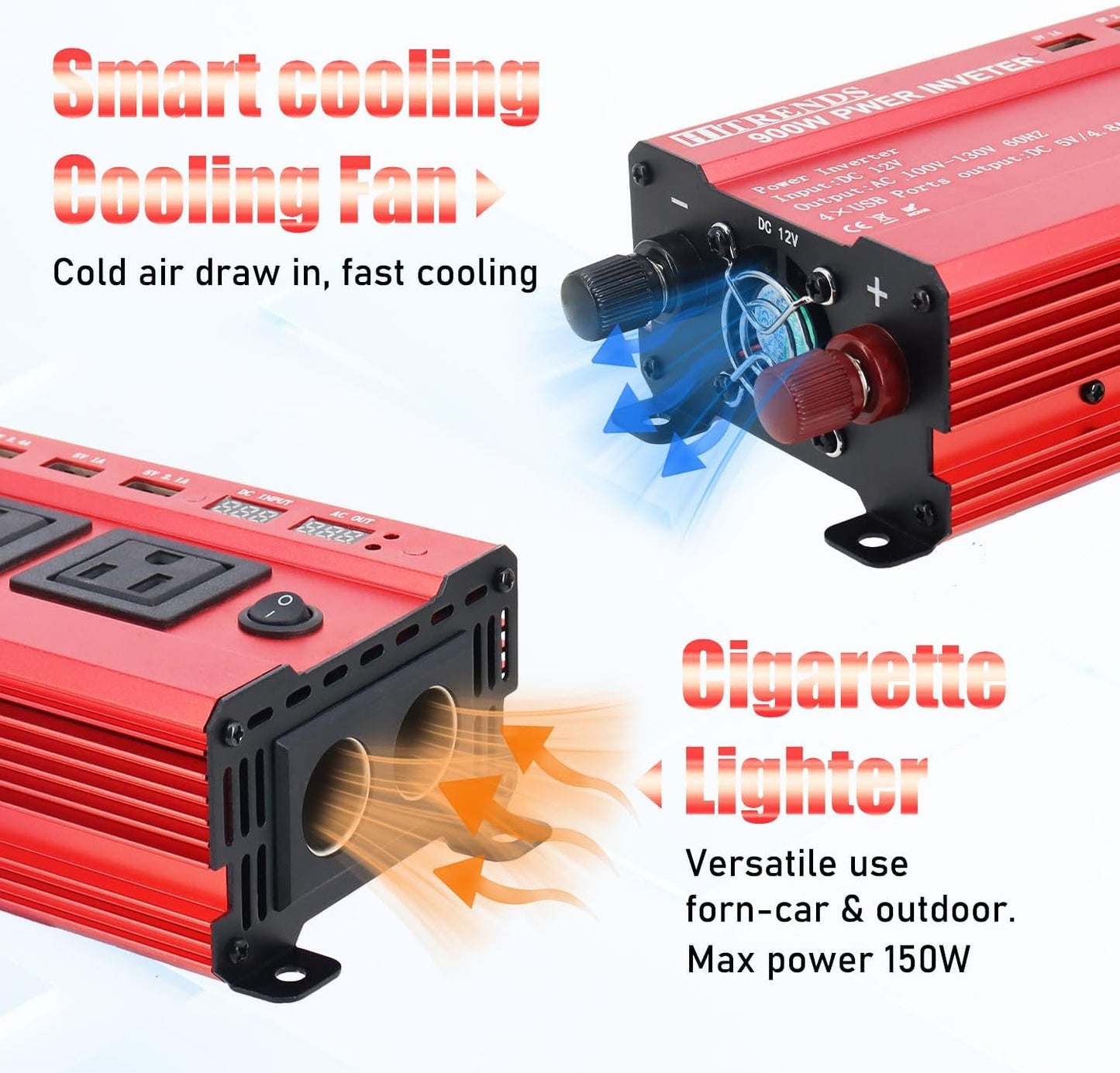 HITRENDS 900W Inverter for Car Power Inverters, 12V DC to 110V AC Converter with 4 USB & 2 AC Outlets, 12 Volt Battery Inverter Car Cigarette Lighter for RV Truck