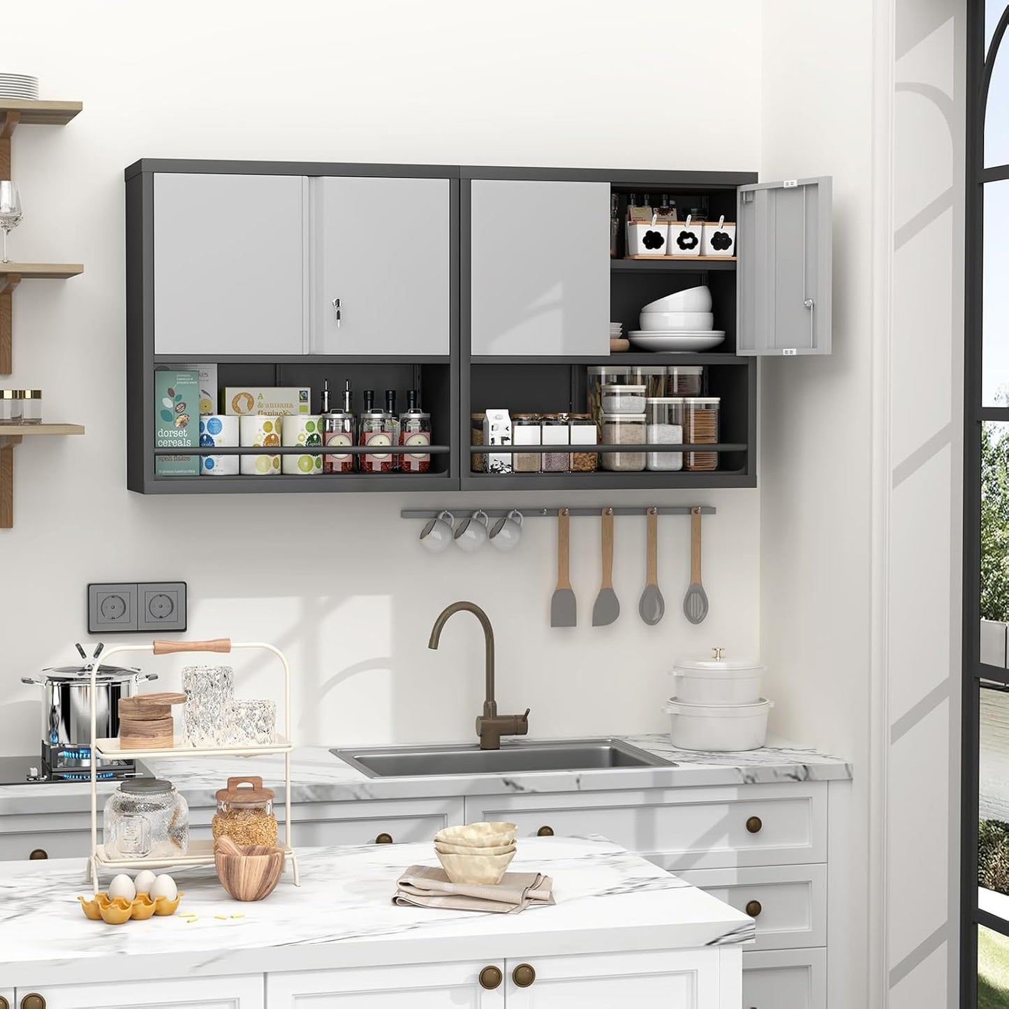 GREATMEET 31" H Locking Metal Garage Storage Cabinet with Doors and Shelves, Lockable Wall Cabinet Storage, Black&Grey Steel Wall Mount Cabinet Hanging Floating for Office Utility Room