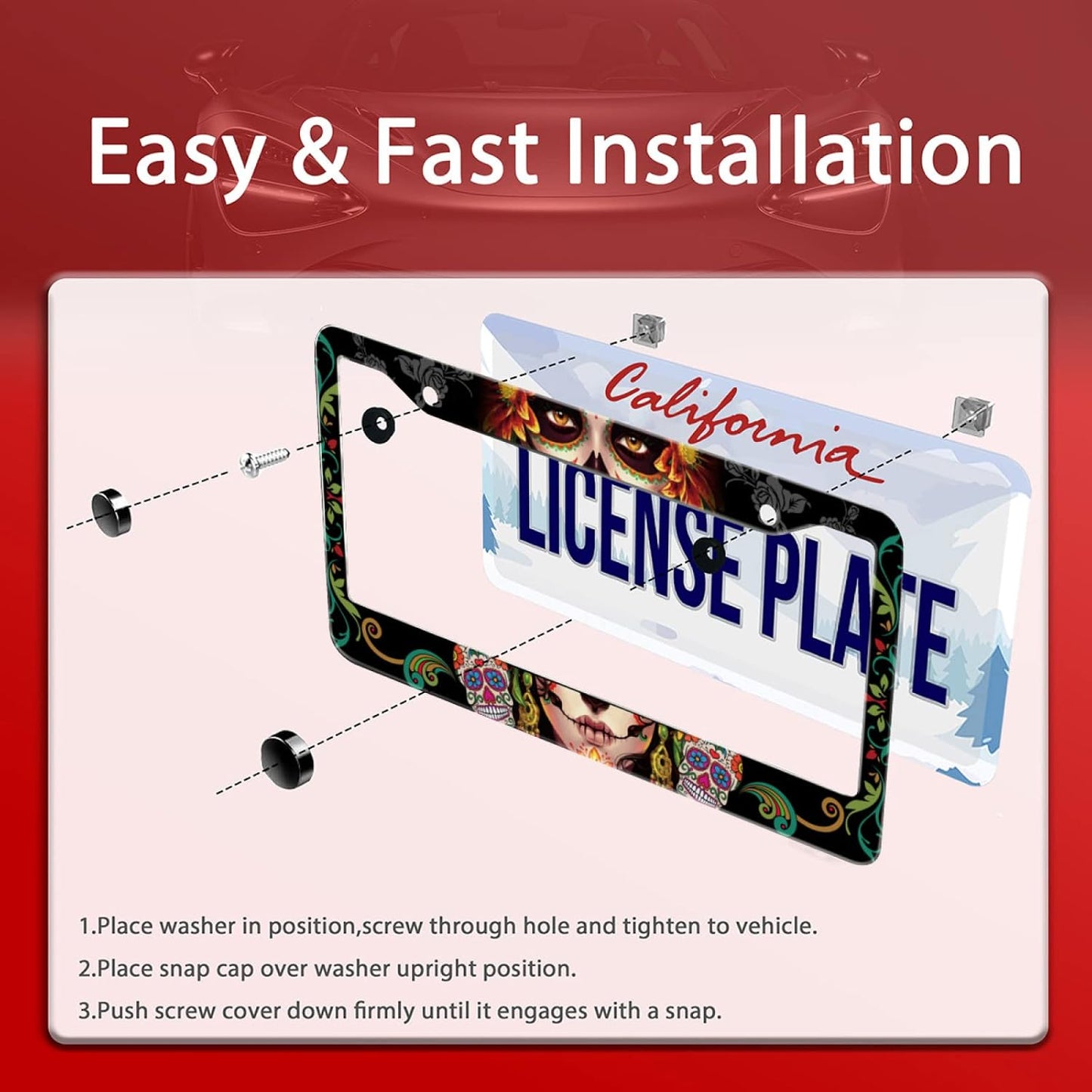 Personalise Sugar Skull Retro License Plate Frame Colorful Candy Skulls License Plate Car Universal Stainless Steel Accessories Cars Decor 2 Holes Screws Fits Standard US Vehicles Size 12.2 x 6 Inch