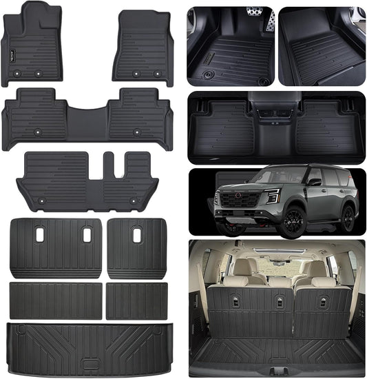 Floor Mat for 2025 Nissan Armada Only Suit for 8 Seats, TPE All Weather Protection Floor Liners & Cargo Liners Velcro Covering The Backrest (for 2025 Nissan Armada-8)