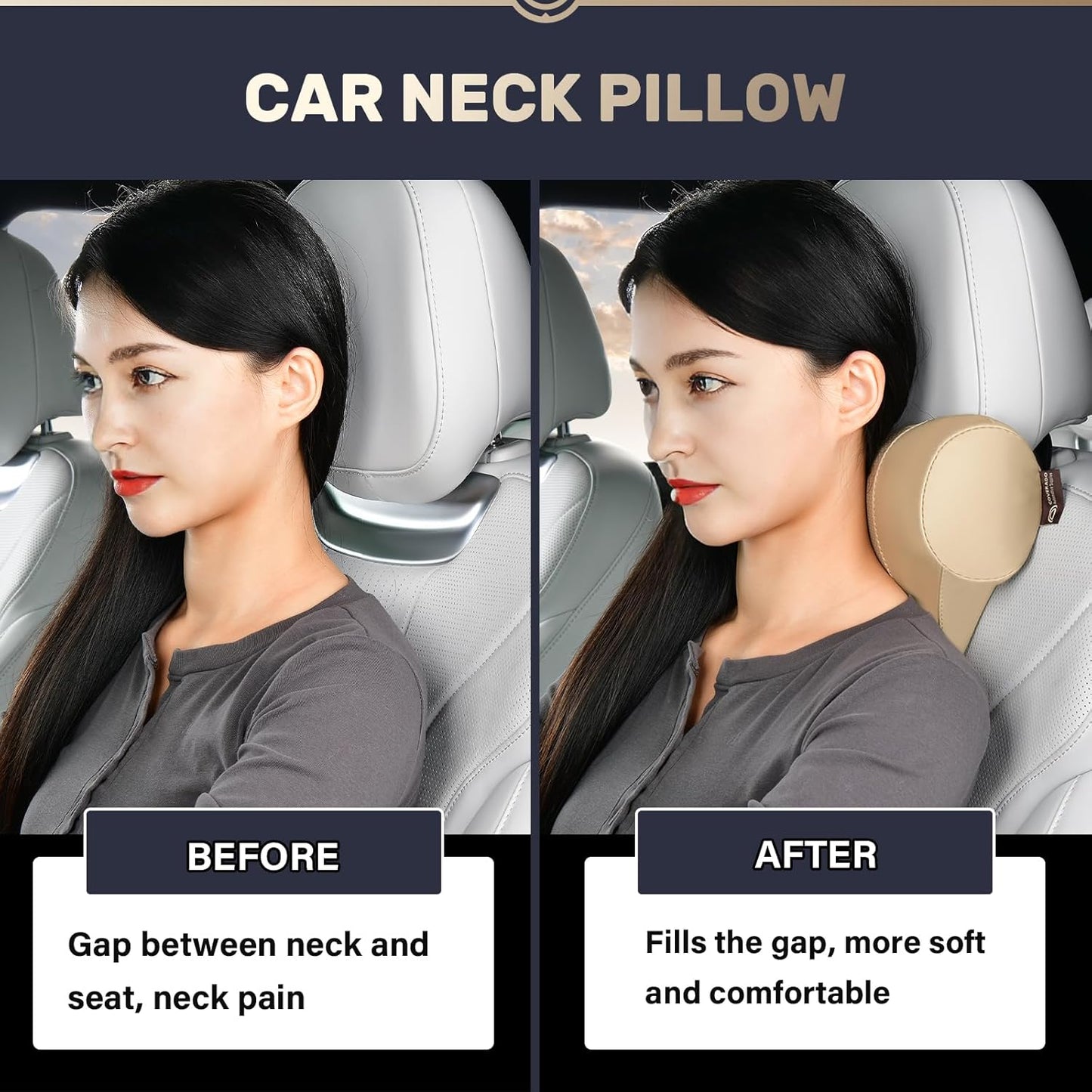 Coverado Car Headrest Pillow, Ergonomic Memory Foam Car Neck Pillow for Driving Seat with Adjustable Strap, Soft PU Leather Breathable Removable Cover Neck Support for Neck Pain Relief - Beige