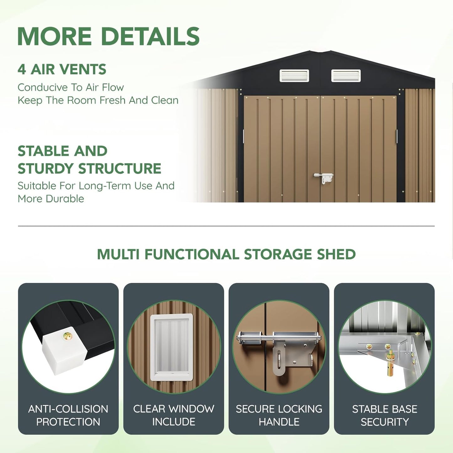 8X6FT Outdoor Steel Storage Shed with Lockable Doors, One Big Window,Ideal for Garden, Backyard, Patio Storage,Brown