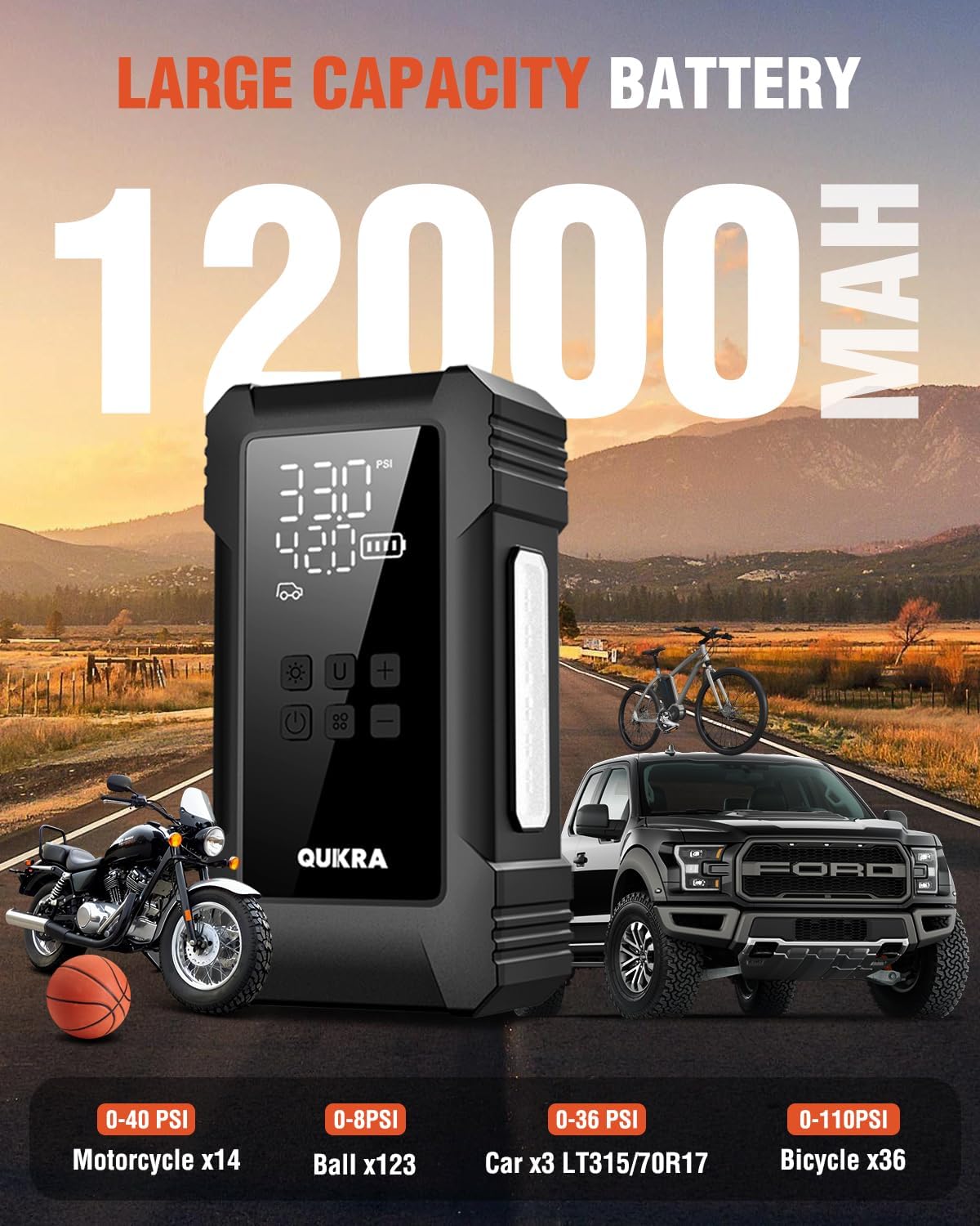 NW08 Tire Inflator Portable Air Compressor for Heavy-duty Vehicle, Dual Cylinder Cordless Air Pump for Car Tires with 12000mAh Battery Capacity, 4× Faster 150PSI Car Tire Pump for SUV, Truck, Pickup