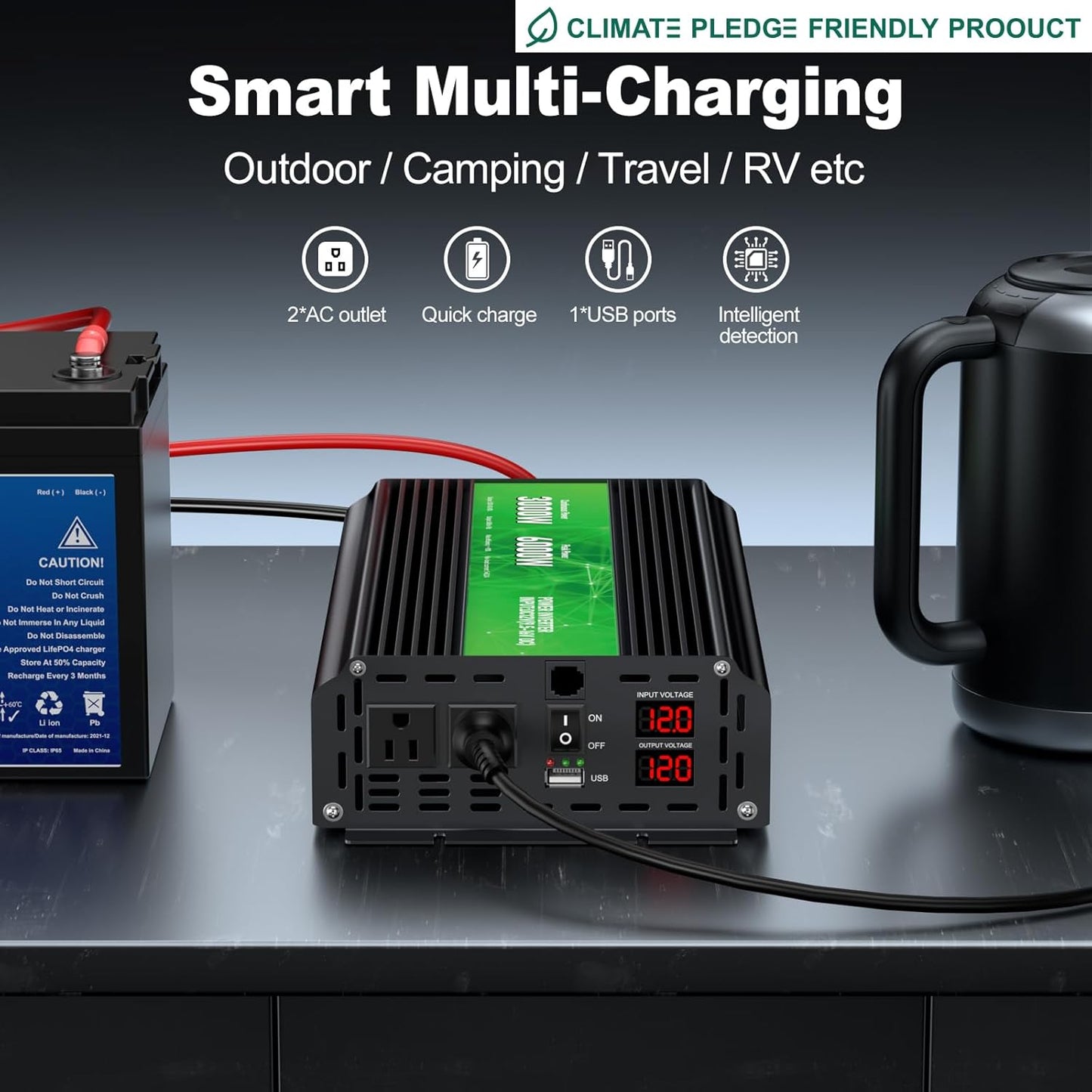 3000W Power Inverter,Peak Power 6000W 12V DC to AC 110V120V,Remote Control with 2AC Outlets and 2.4USB Port,LCD Display for Power Converter,Outdoor Activities,Emergency,Vehicles Truck RV Solar System