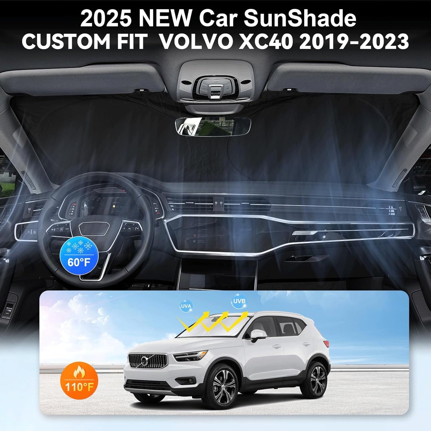 Custom Fit XC40 Windshield Sunshade for 2019-2025 2026 Volvo XC40 Accessories Front Window Shield 210T Silver Coating Cover for Windshield Sun Visor Protector Blocks UV Keep Car Cool