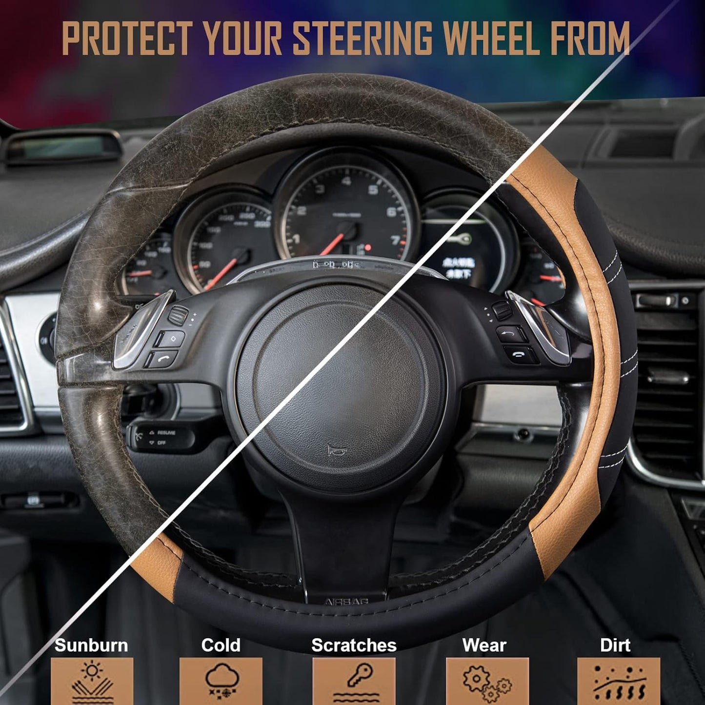 CAR PASS Line Rider Microfiber Leather Sporty 14.5-15 inch Steering Wheel Cover Universal Fits for 95% Truck,SUV,Cars, Anti-Slip Safety Comfortable Design (Black Beige)