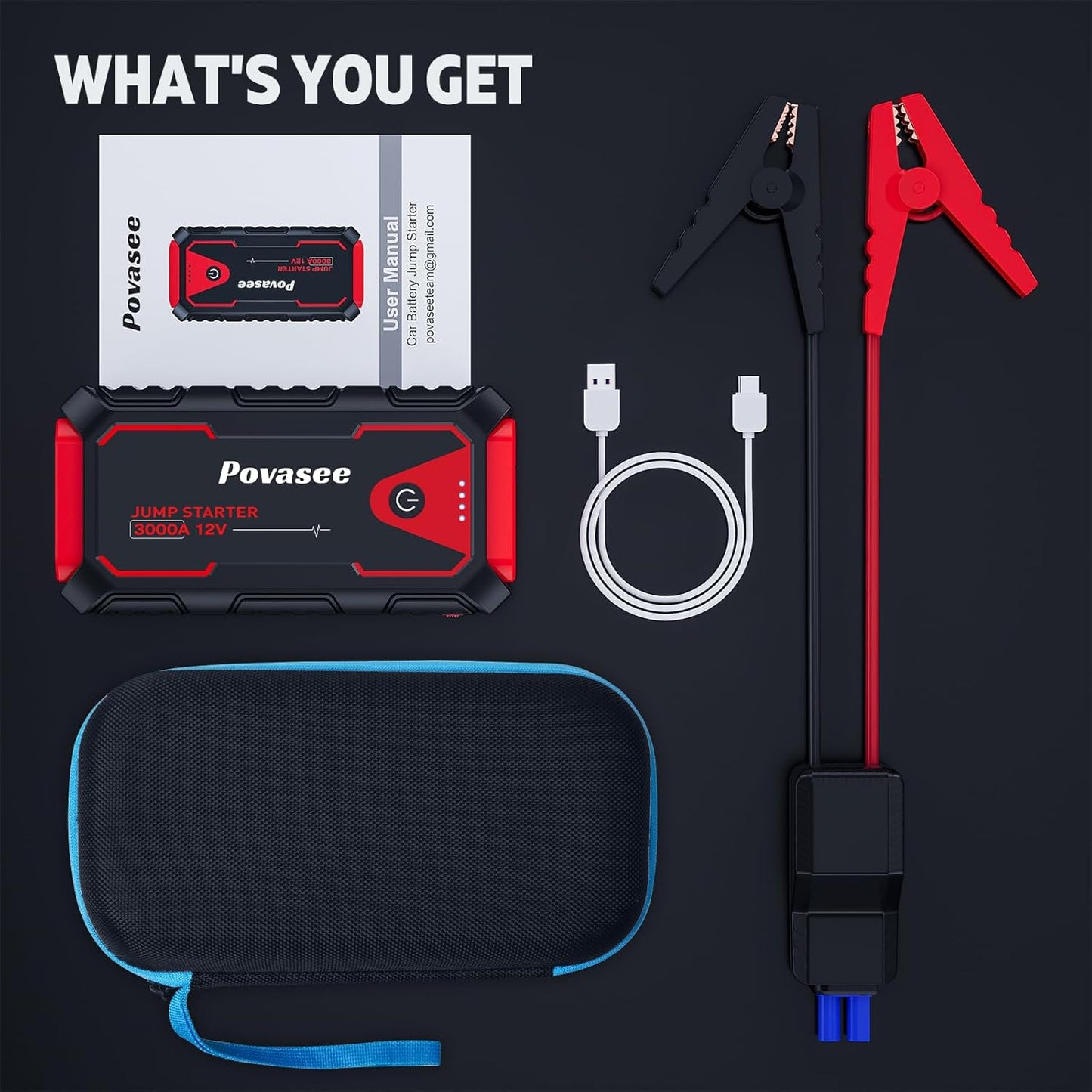Jump Starter 3000A Car Jumper Starter, 12V Jump Box for Car Battery up to 10L Gas or 8L Diesel Engine Battery Jumper Starter Portable with Power Bank/Dual Output/LED Light