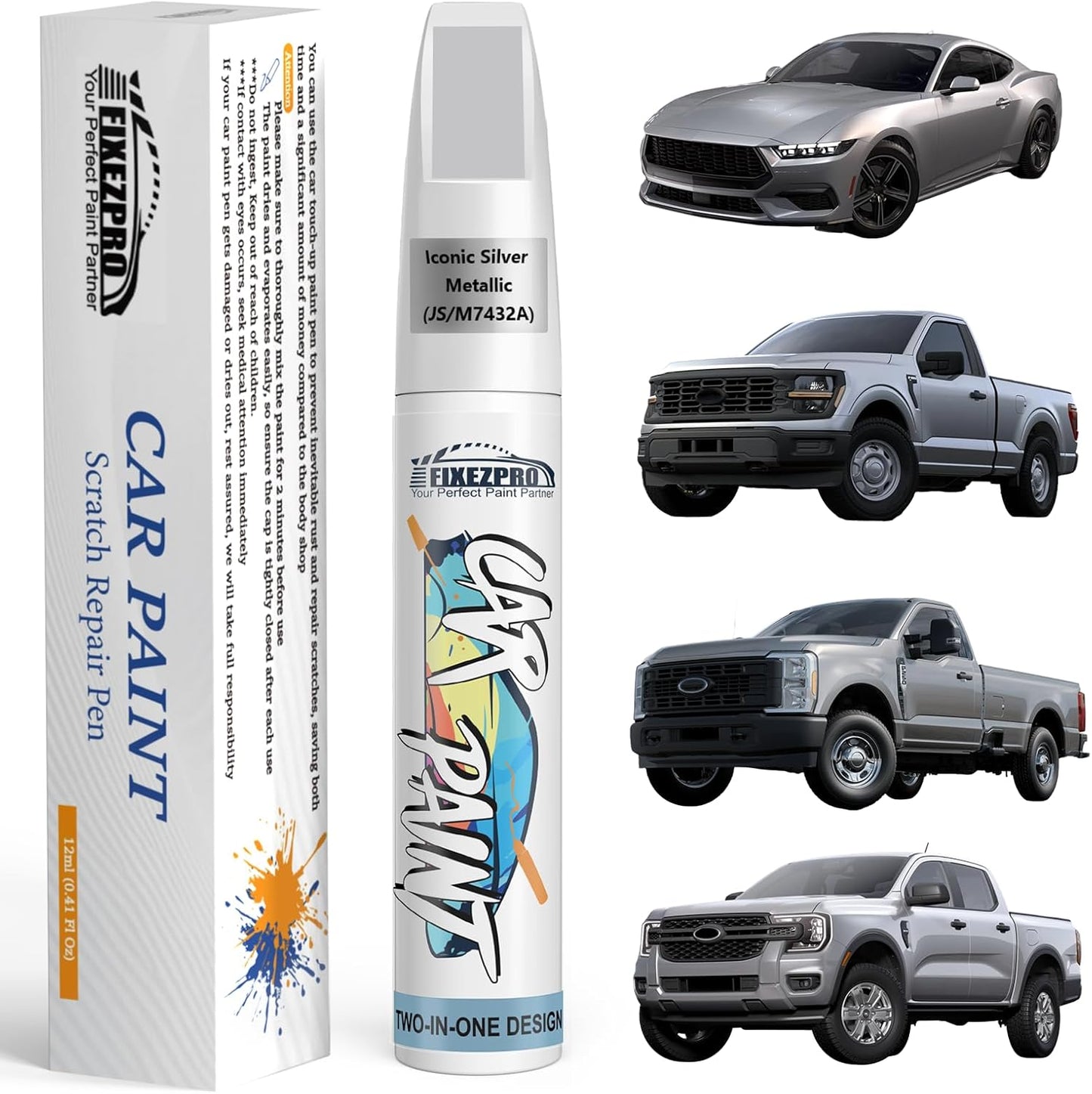 Iconic Silver Metallic(JS/M7432A) Touch Up Paint for Ford, Car Paint Scratch Repair Remover Pen Color Exact Match, Quick and Easy Fix Automotive Chips and Nicks Scuff