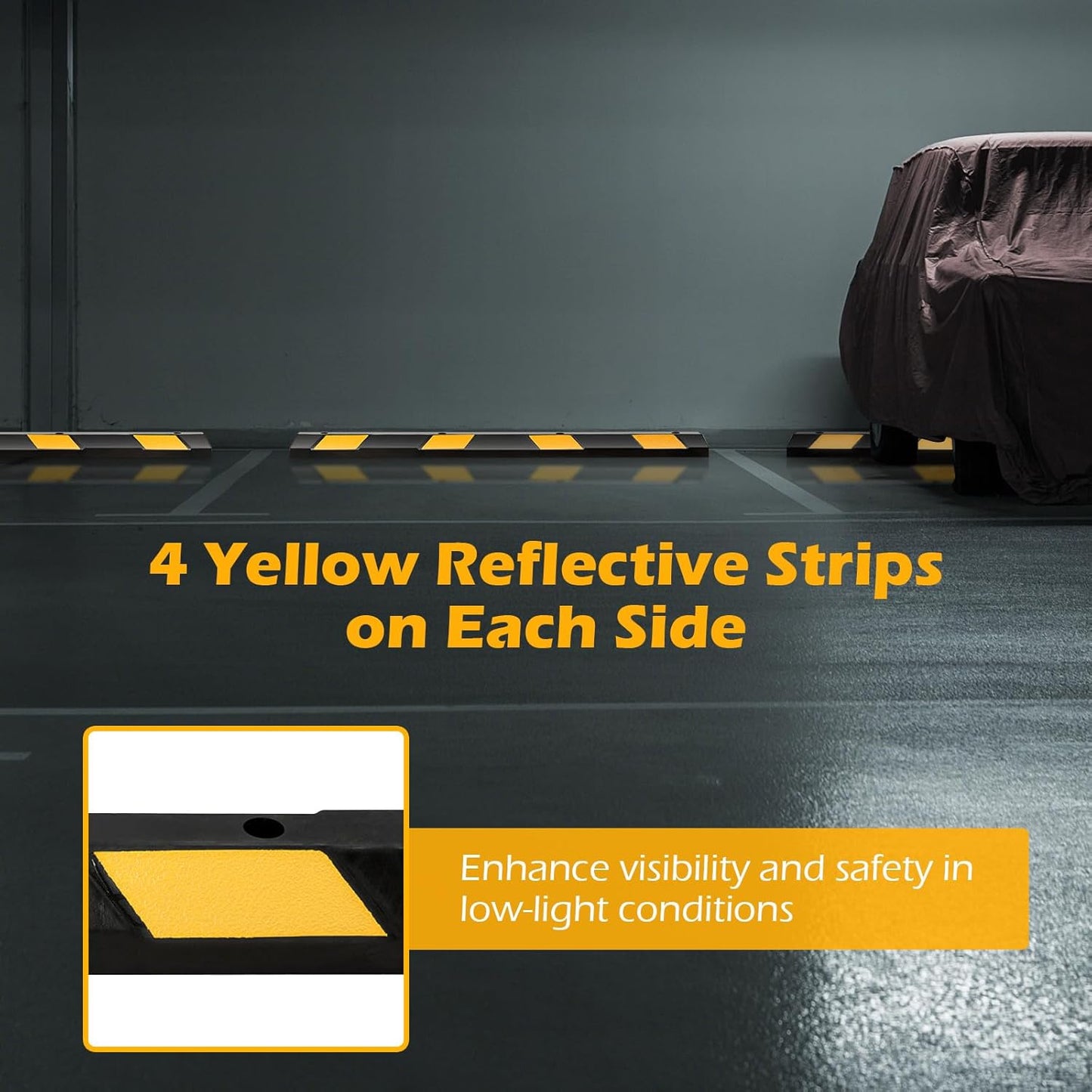 Rubber Parking Curb Garage Floor Stopper, 72" Heavy Duty Parking Lot Stopper with Yellow Reflective Stripes, Guide Wheel Stopper for Car, Truck, RV, Trailer, Driveway (4 Pack)