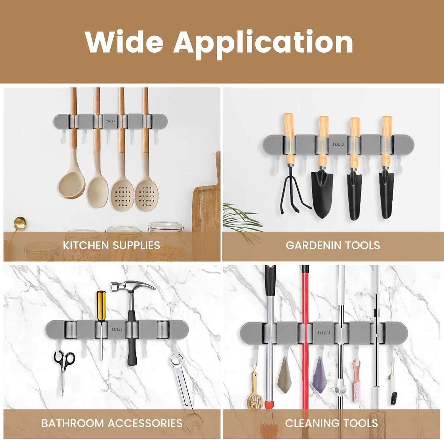 3PCS Broom Mop Holder with Hooks Wall Mounted Broom Storage Rack No Drilling Self-Adhesive Mop Broom Organizer Mop Holder Hanger for Bathroom Office Kitchen Closet Garage,Grey (3)