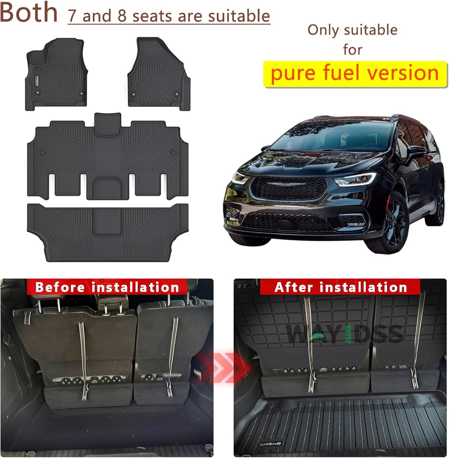 Floor mat for 2017-2024 2025 Chrysler Pacifica Gas Touring Models(Non Hybrid & Non Pinnacle Model) Cargo Mat with Backrest Protection, TPE All Weather Car Floor Liners Cargo Liners Accessories-Black