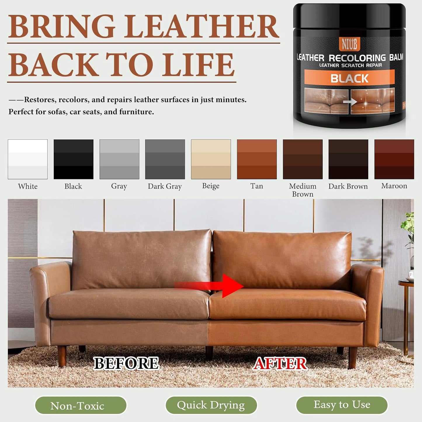 Leather Recoloring Balm Leather Color Restorer Scratch Repair Leather Paint for Furniture Couches Car Seats Shoes Bags Leather Dye and Scratched Leather with Leather Conditioner - Dark Brown